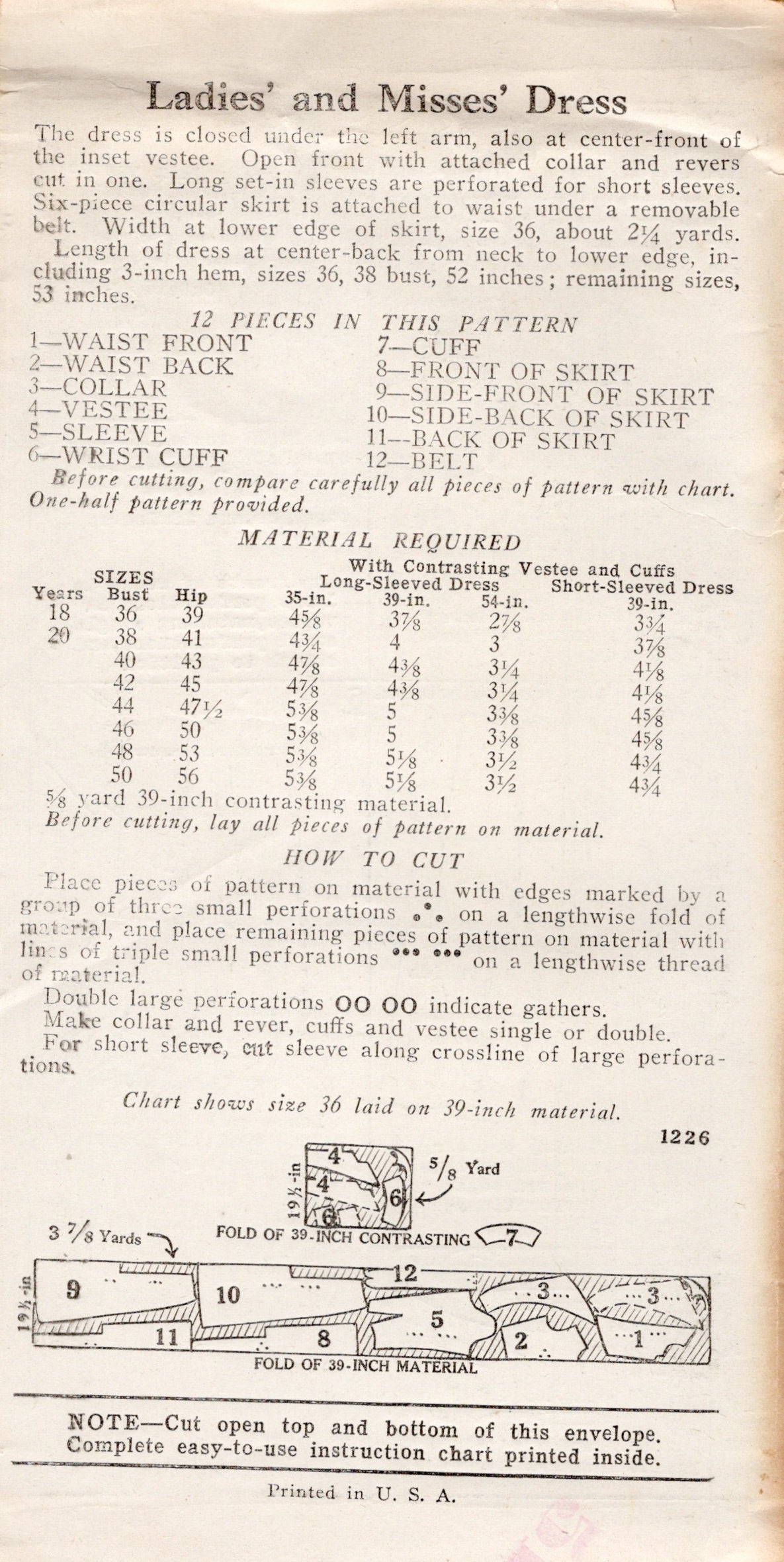 1930's New York One Piece Dress Pattern with Jabot Collar and Inset Vestee - Bust 36" - No. 1226