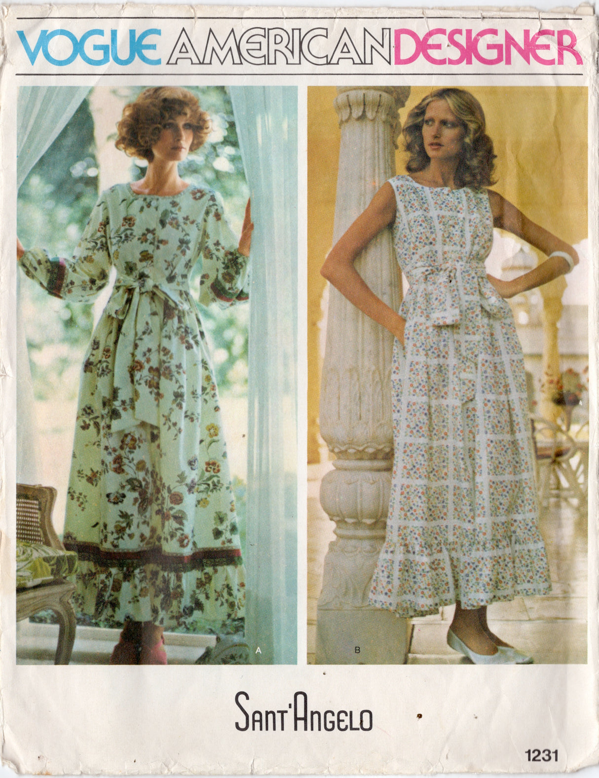 1970's Vogue American Designer Maxi Length Dress pattern with Ruffle - Sant'Angelo - Bust 34" - No. 1231