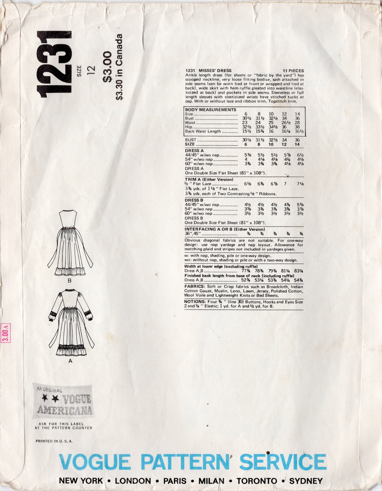 1970's Vogue American Designer Maxi Length Dress pattern with Ruffle - Sant'Angelo - Bust 34" - No. 1231