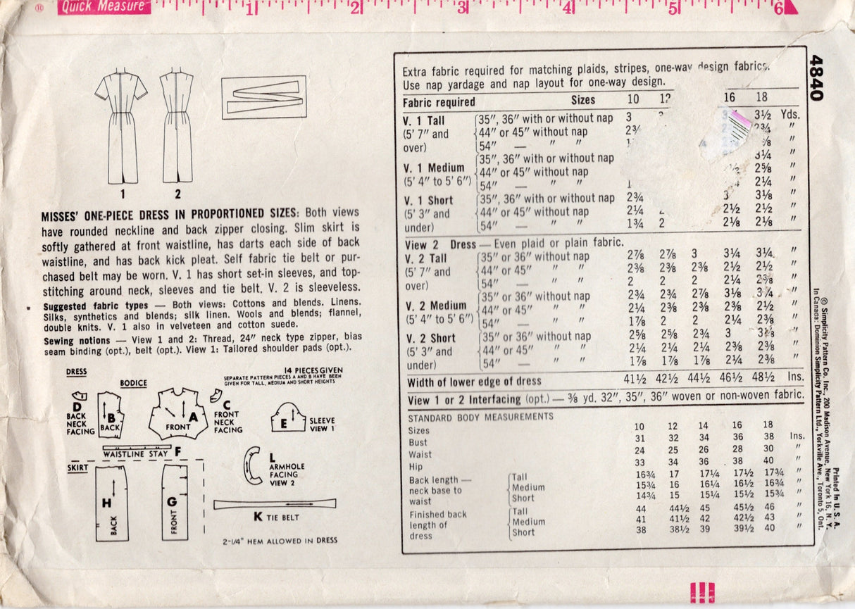 1960's Simplicity Proportioned Sheath Dress Pattern - Bust 34" - No. 4840