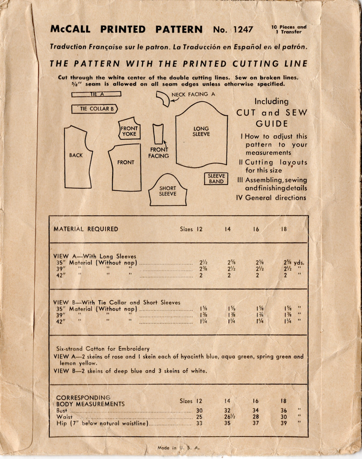 1940's McCall's Yoked Blouse Pattern with embroidery transfer - Bust 34" - No. 1247