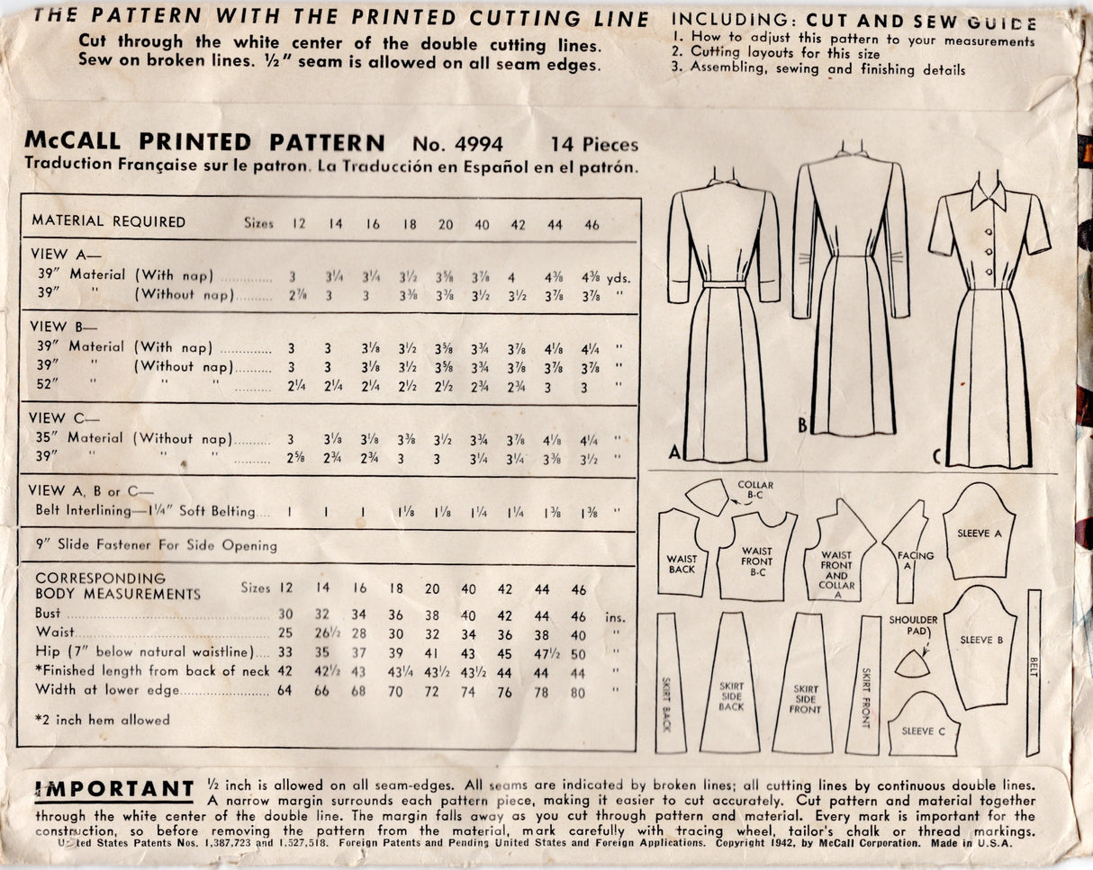 1940's McCall's Shirtwaist Dress Pattern with Two Collar Styles - Bust 36" - No. 4994