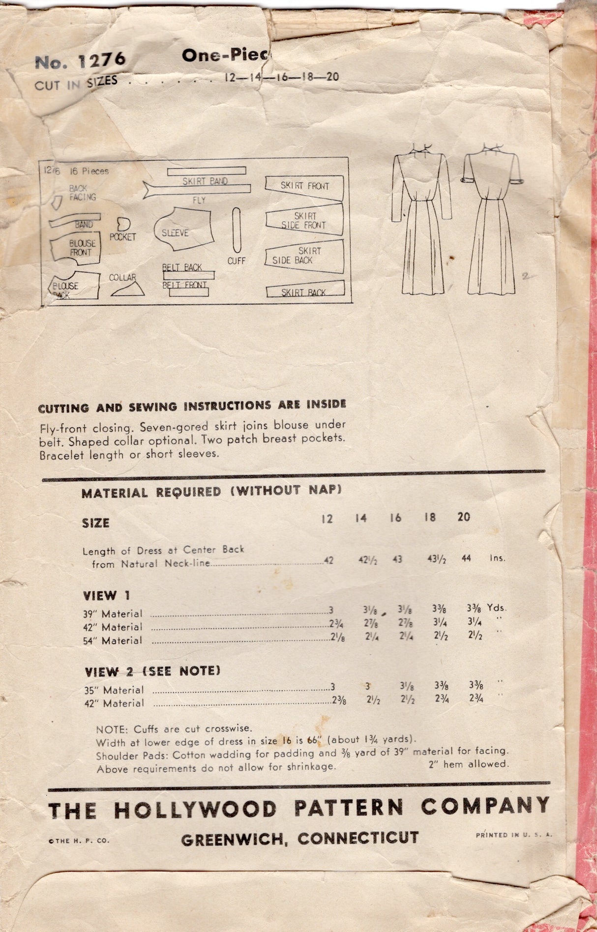 1940’s Hollywood One-Piece Dress with Front Fly Closing and Bow Accents Pattern - Bust 34” -  No.1276