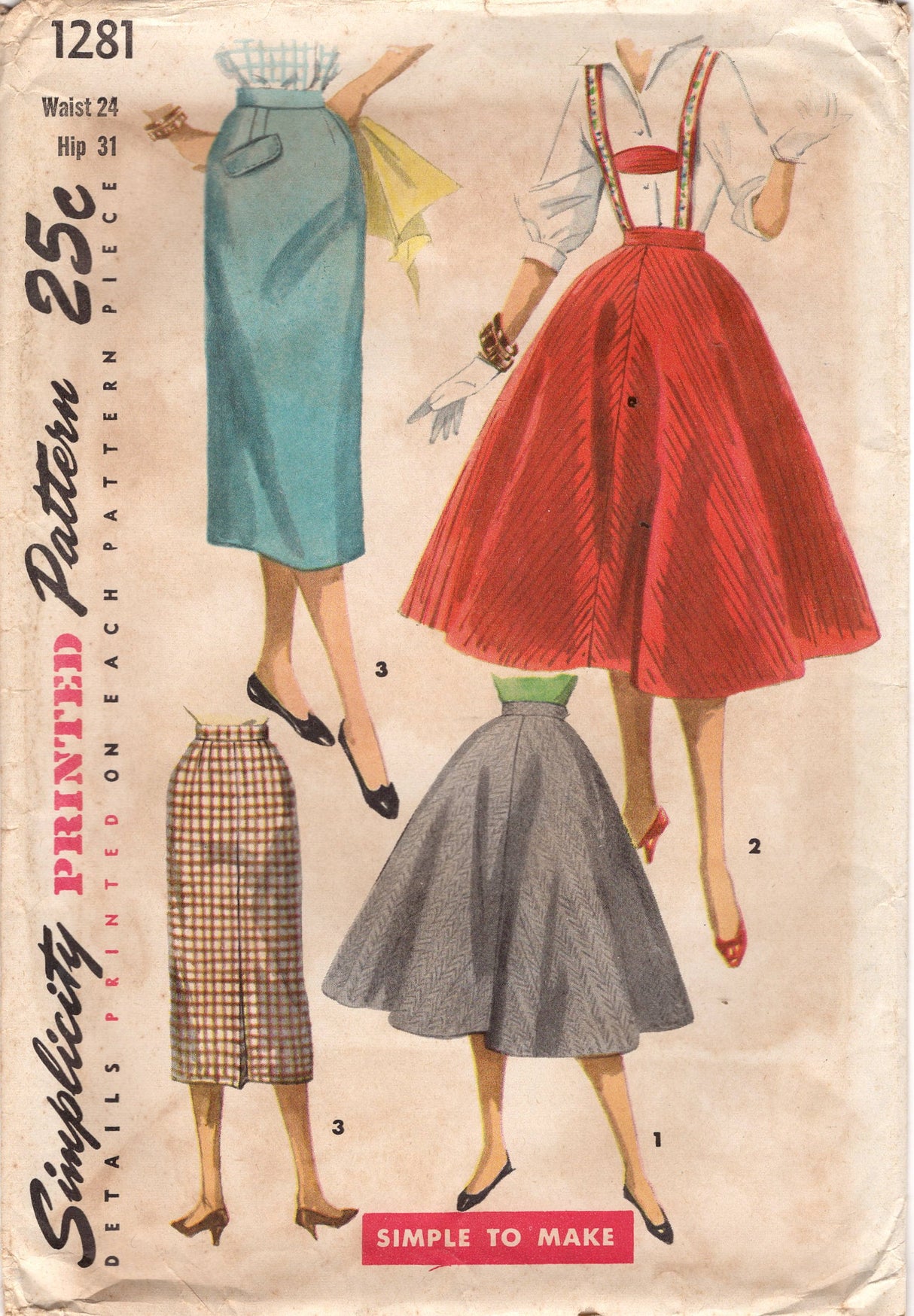 1950's Simplicity Flared and Straight Line Skirt with Suspenders Pattern - Waist 24" - No. 1281