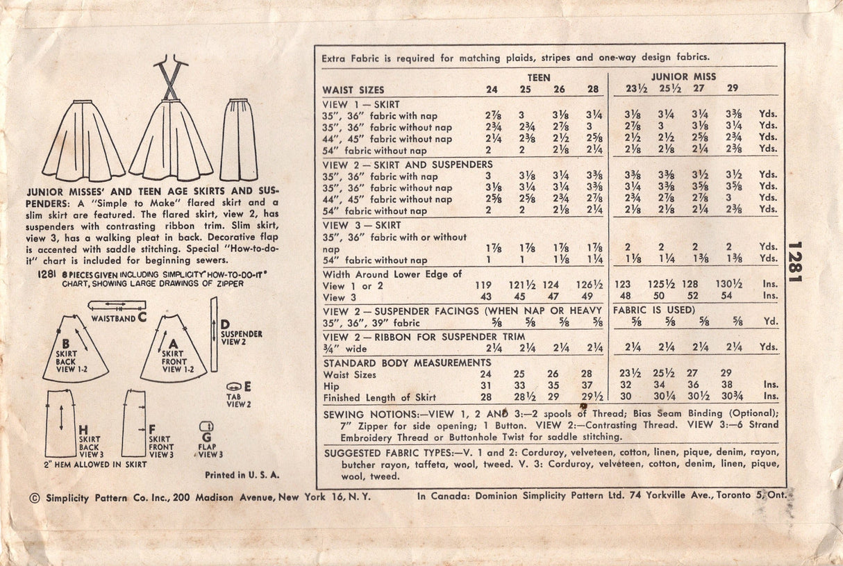 1950's Simplicity Flared and Straight Line Skirt with Suspenders Pattern - Waist 24" - No. 1281