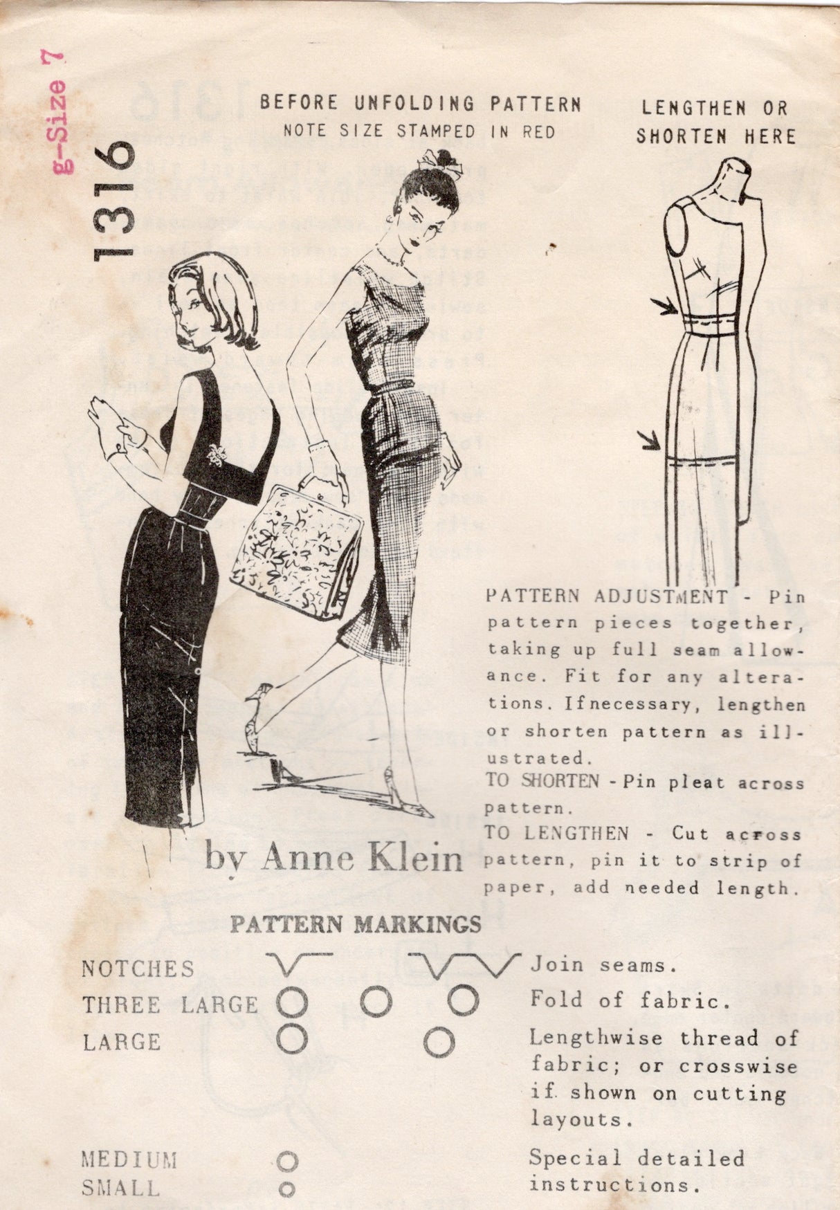 1950's Spadea by Anne Klein Deep Back Sheath Dress Pattern - Bust 32.5" - No. 1316
