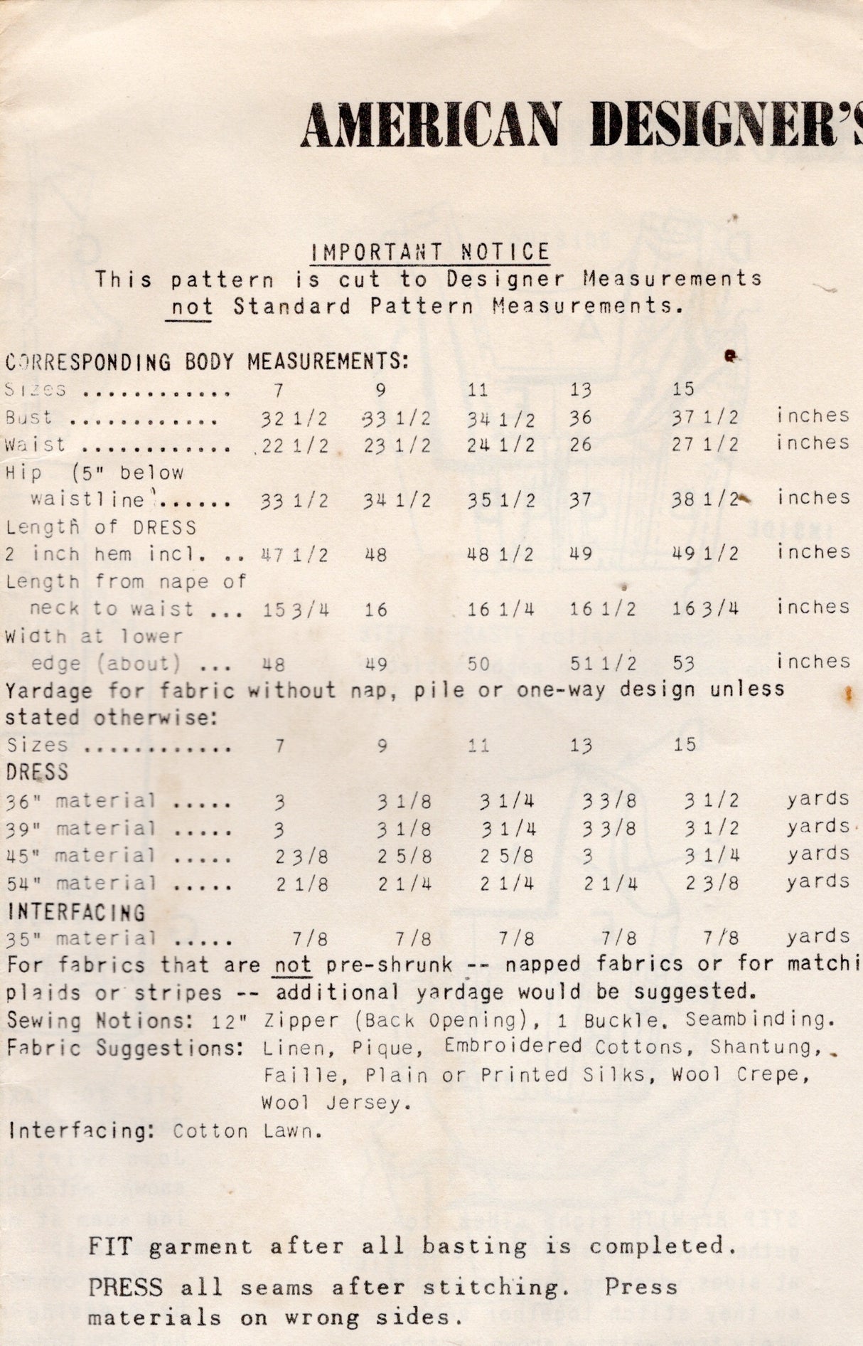 1950's Spadea by Anne Klein Deep Back Sheath Dress Pattern - Bust 32.5" - No. 1316