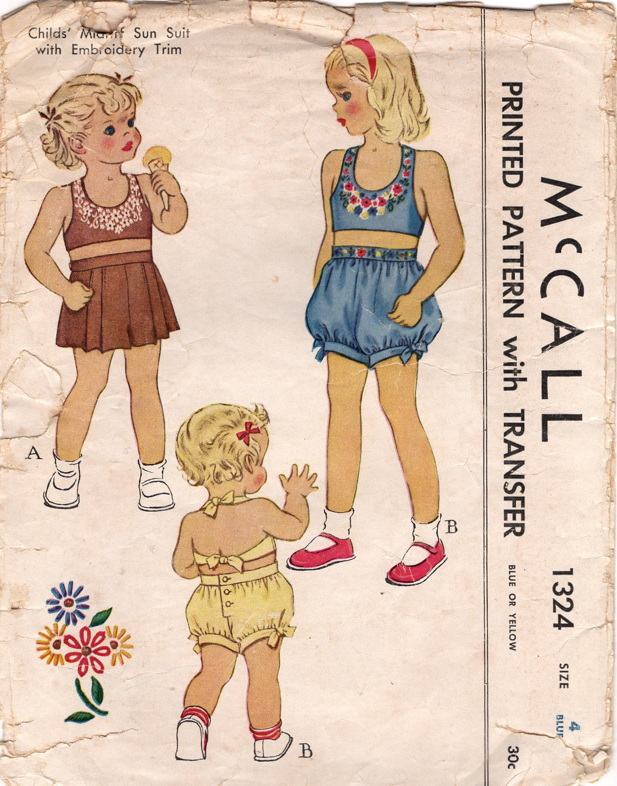 1940's McCall Child's Two Piece Sun Suit Pattern - Sz 4 - Chest 23" - No. 1324