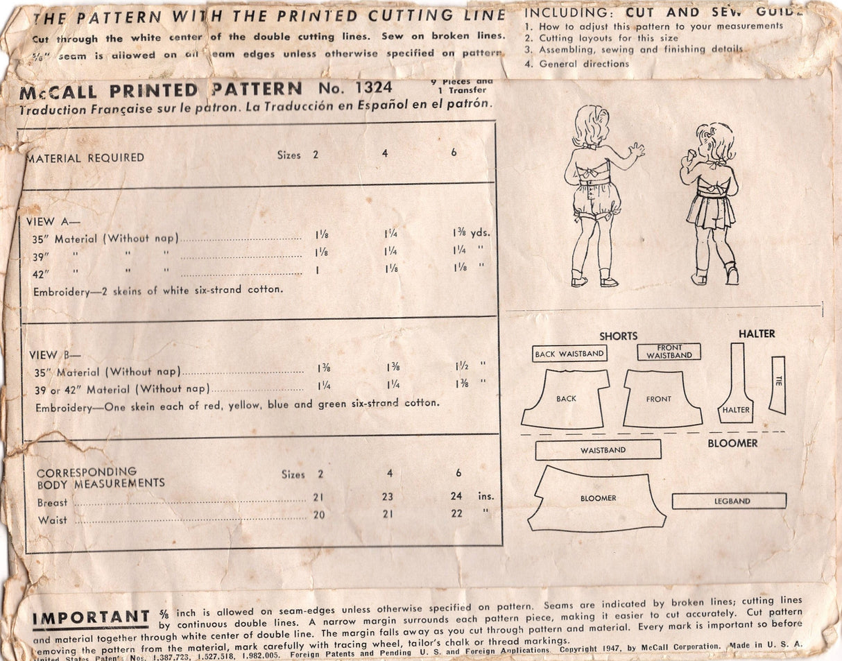 1940's McCall Child's Two Piece Sun Suit Pattern - Sz 4 - Chest 23" - No. 1324