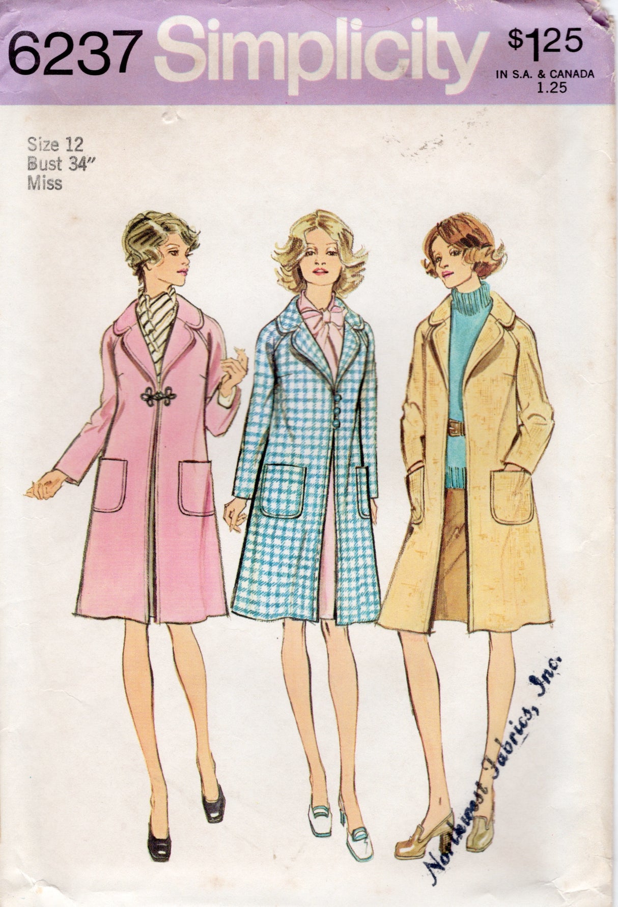 1970's Simplicity Frog or Button Closure Lined Coat Pattern - Bust 34" - No. 6237