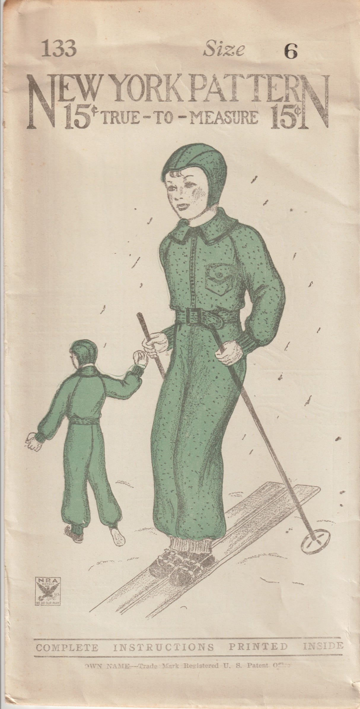 1930's New York Children's Snow Suit and Hat Pattern - Chest 24" - No. 133