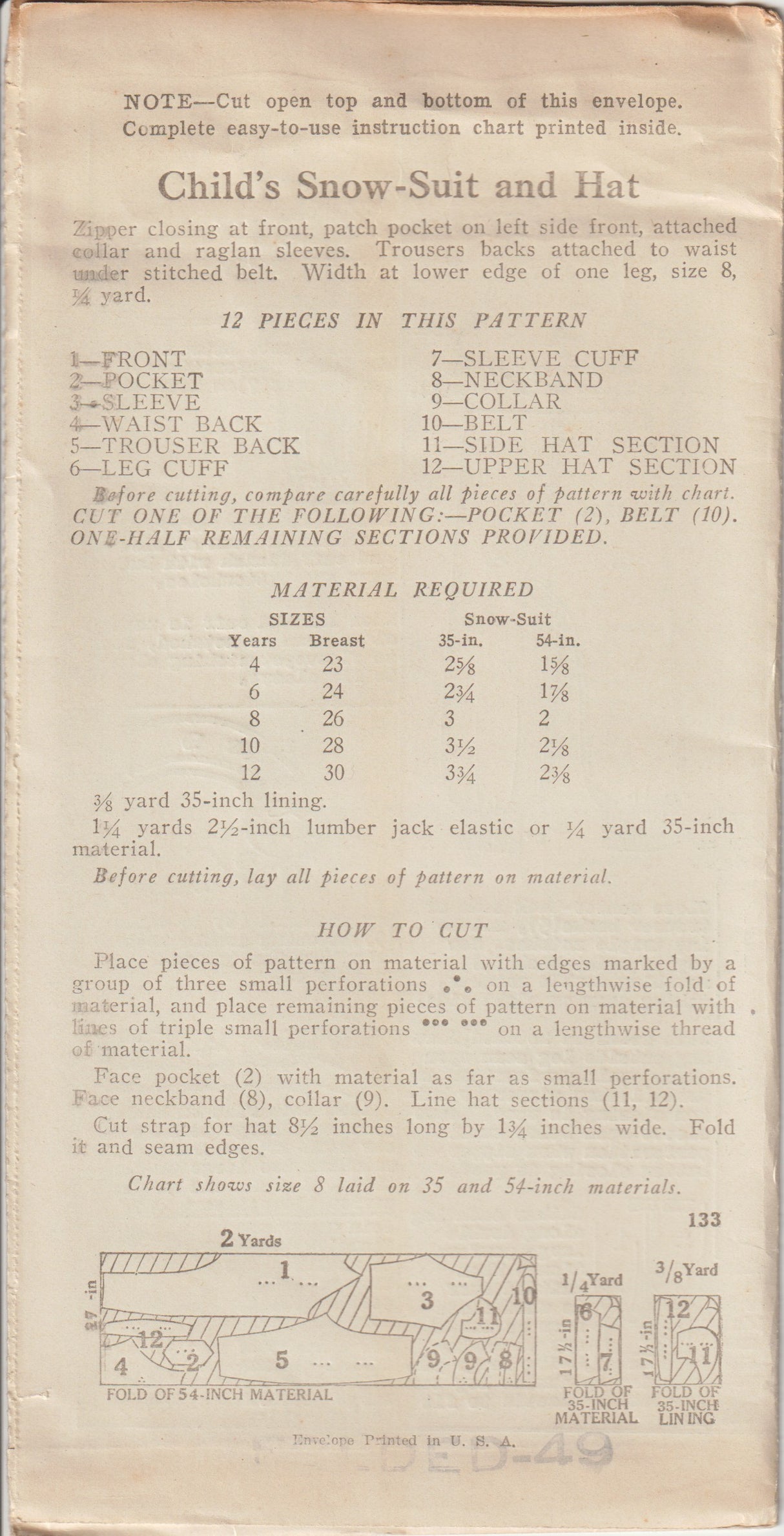 1930's New York Children's Snow Suit and Hat Pattern - Chest 24" - No. 133