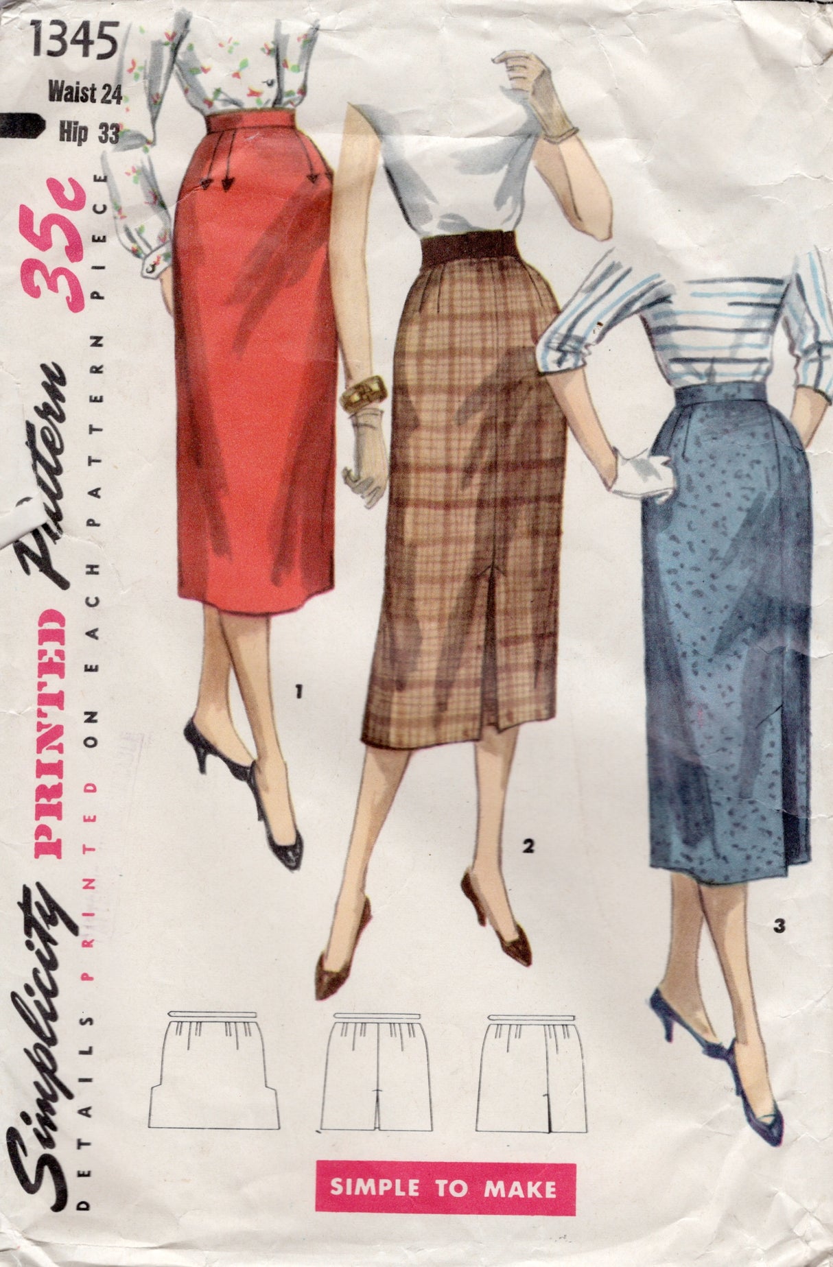 1950’s Simplicity Slim skirt with Arrow Darts - Waist 24" - No. 1345