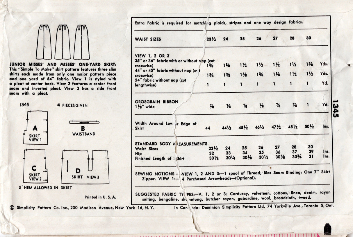 1950’s Simplicity Slim skirt with Arrow Darts - Waist 24" - No. 1345