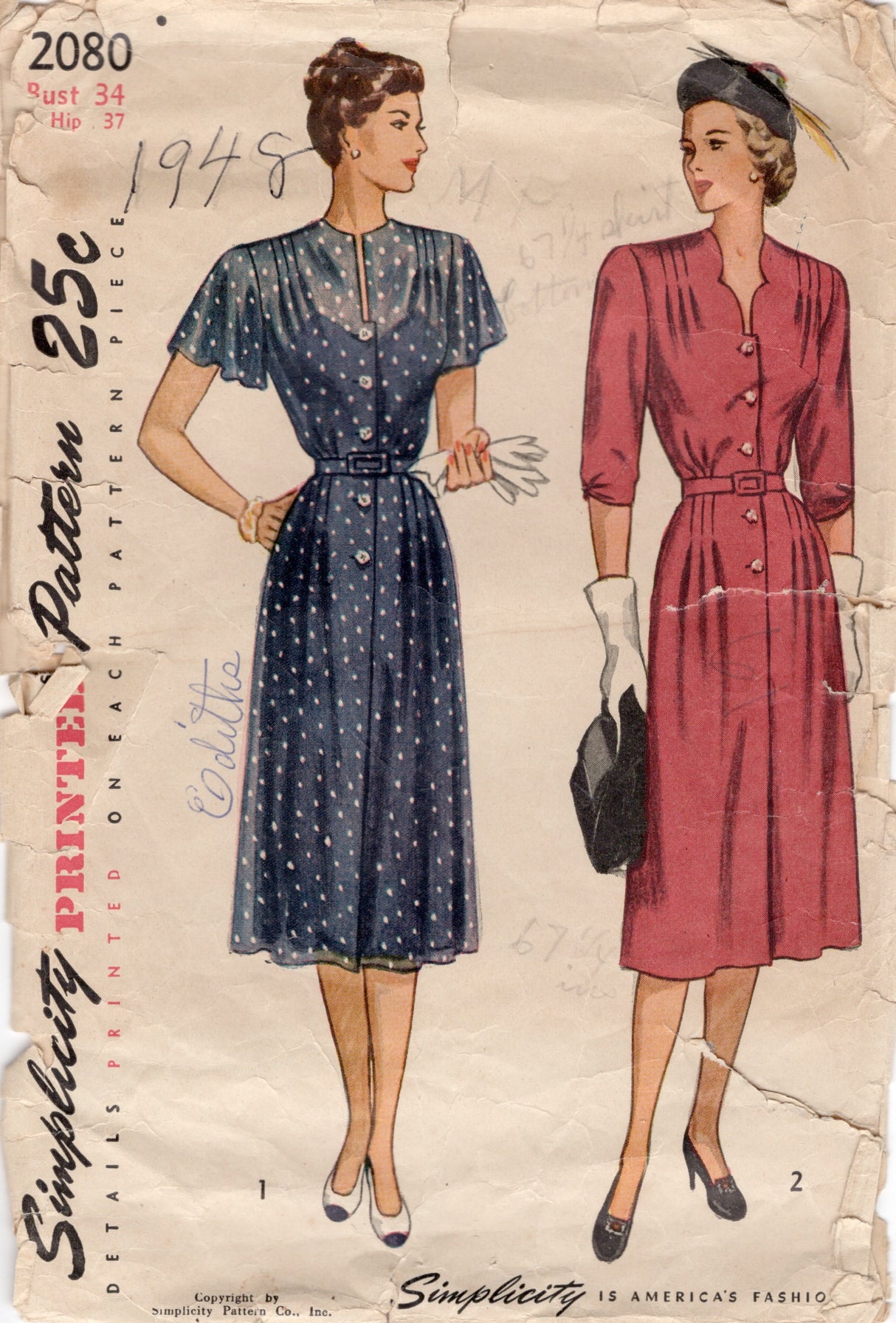1940's Simplicity Button Front Dress Pattern with Flutter or 3/4 Sleeve and Tucked Shoulders - Bust 34" - No. 2080