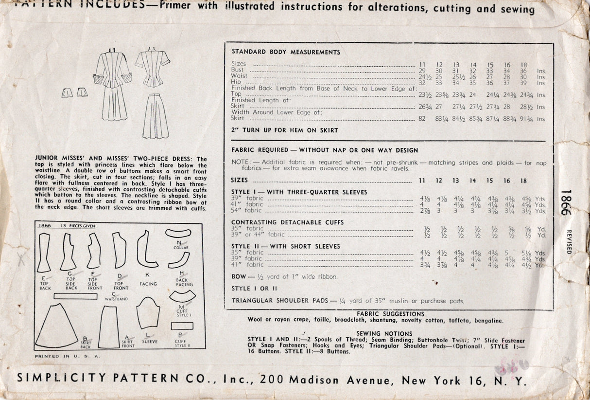 1940's Simplicity Two Piece Double Breasted Dress Pattern - Bust 34" - No. 1866