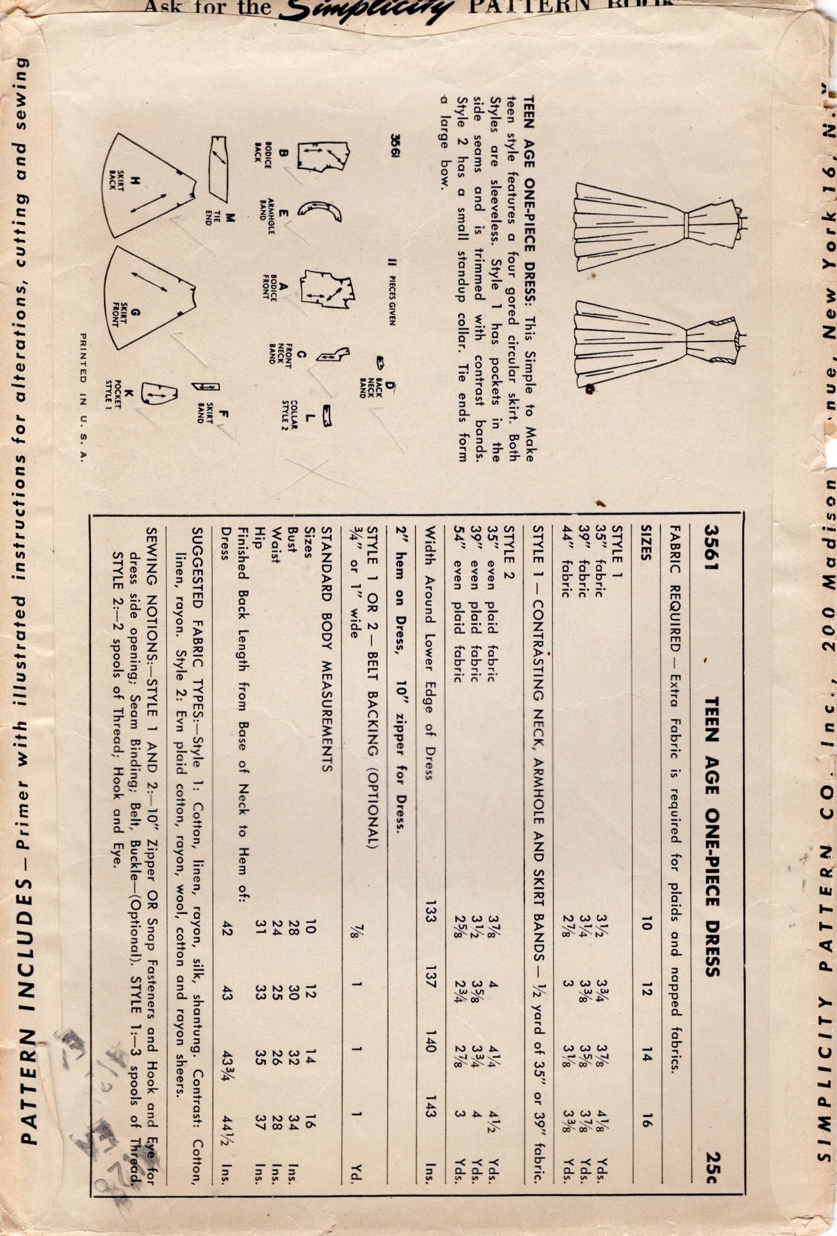 1950's Simplicity Fit and Flare Dress Pattern with Banded Detail or Pussy Bow - Bust 32" - No. 3561