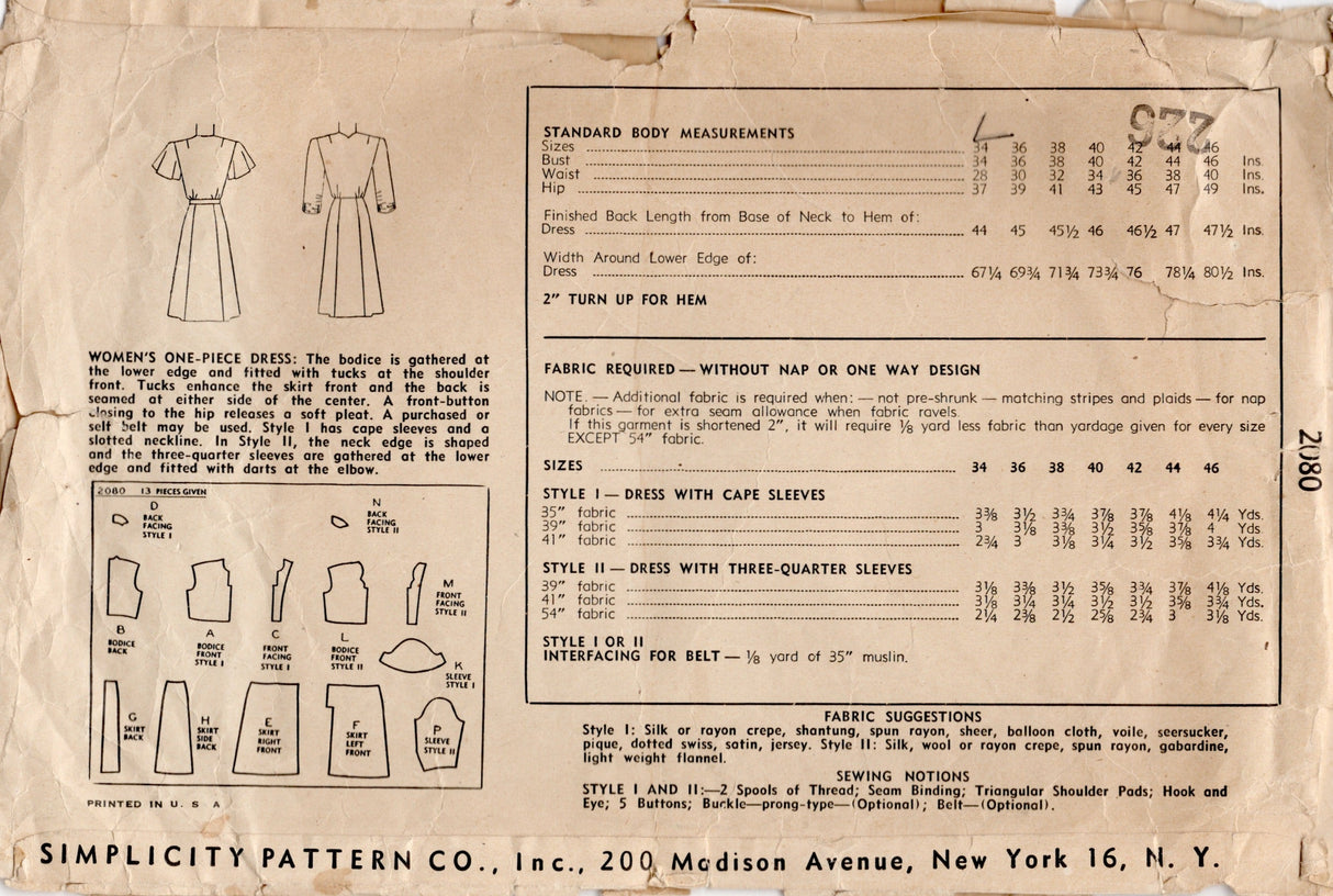 1940's Simplicity Button Front Dress Pattern with Flutter or 3/4 Sleeve and Tucked Shoulders - Bust 34" - No. 2080