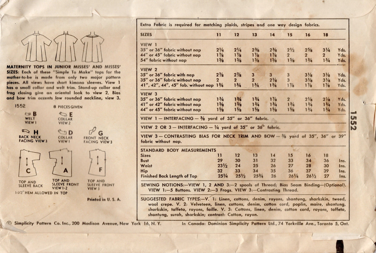 1950's Simplicity Maternity Blouse with Boat Neckline or Standing Collar - Bust 30" - No. 1552