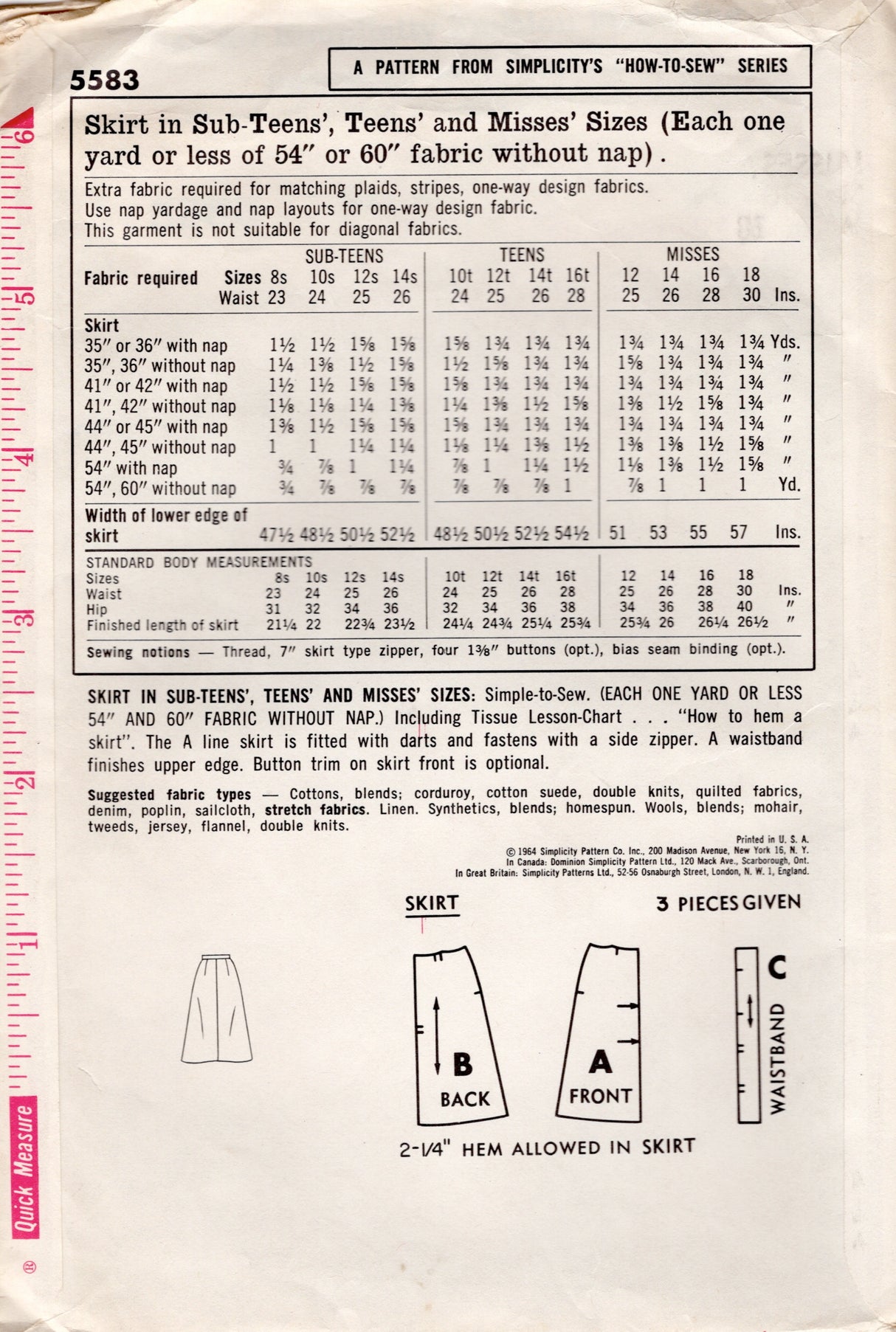 1960's Simplicity A-line Skirt Pattern - Waist 28" - No. 5583