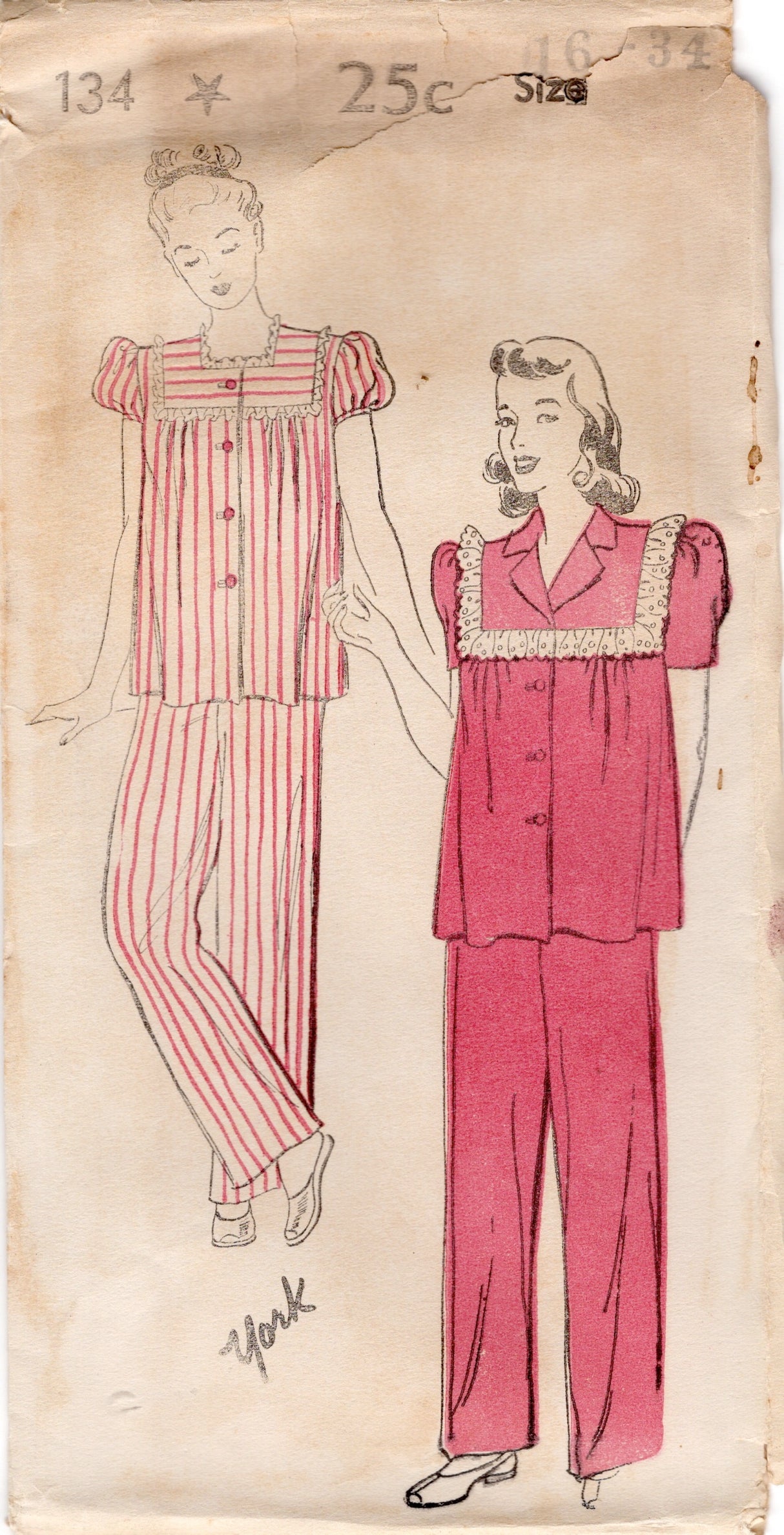 1940’s New York Two-Piece Pajama Pattern - Bust 34”-  No. 134