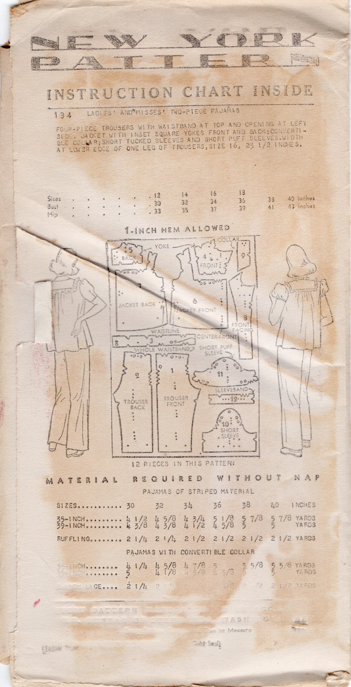 1940’s New York Two-Piece Pajama Pattern - Bust 34”-  No. 134