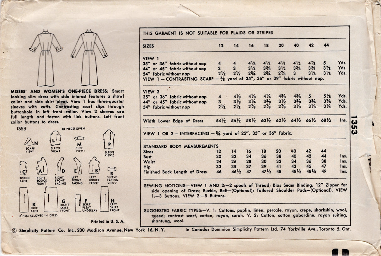 1950's Simplicity Misses' and Women's One Piece Dress - Bust 34" - No. 1353