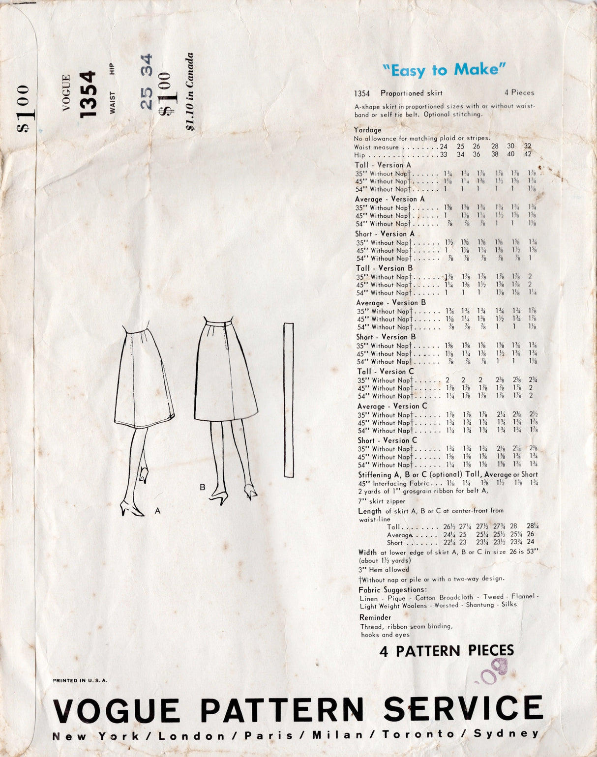 1960's Vogue Proportioned A-line Skirt - Waist 25" - No. 1354