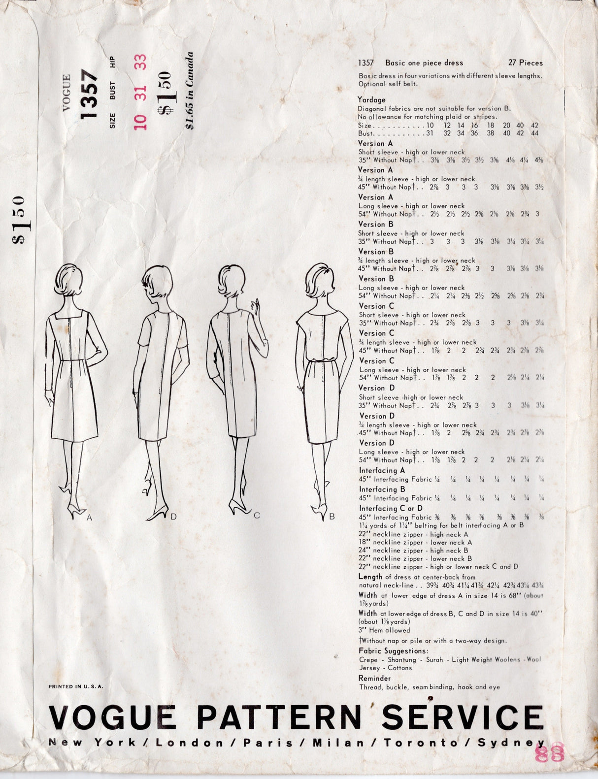 1960's Vogue Basic Dress in 4 Styles - Bust 31-34" - No. 1357