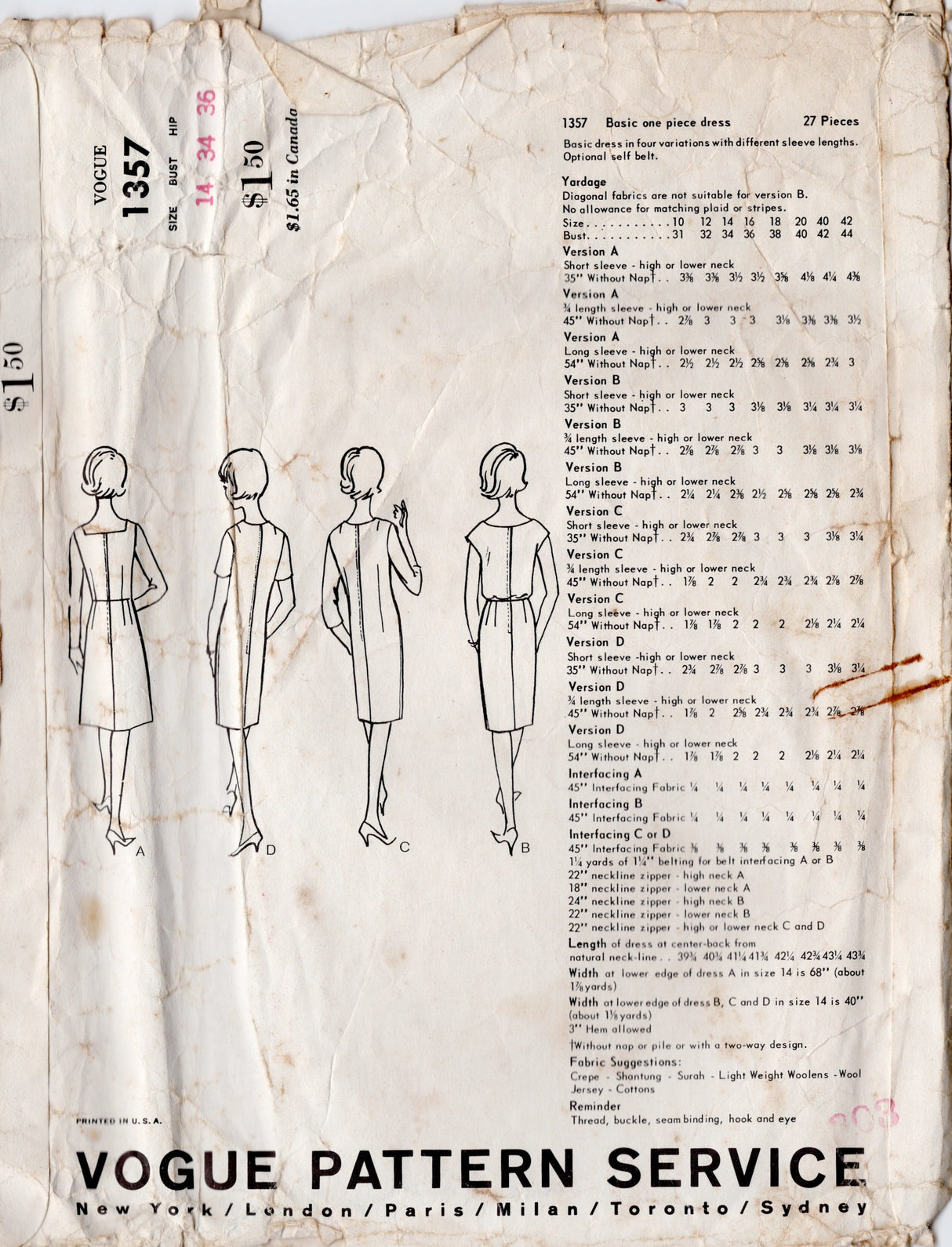 1960's Vogue Basic Dress in 4 Styles - Bust 31-34" - No. 1357