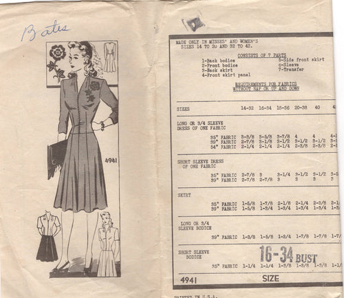 1940's Anne Adams Drop Waist V Neck Dress and 8 Gore Skirt Pattern - Bust 34