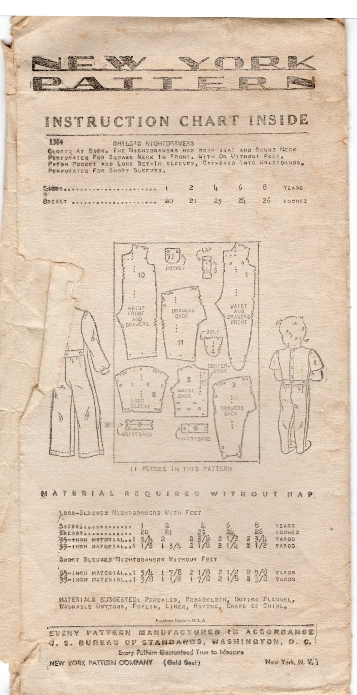 1940's New York Child's One Piece Pajamas with or without footies - Chest 20" - No. 1364