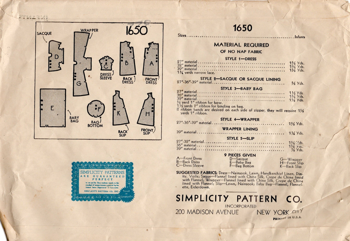 1930's Simplicity Infant layette Pattern -  One Size - No. 1650