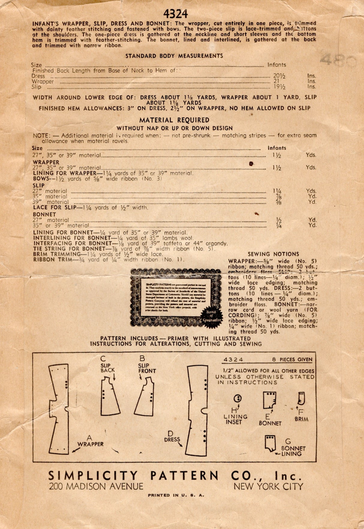 1940's Simplicity Infant Wrapper, Slip, Dress and Bonnet Pattern -  One Size - No. 4324