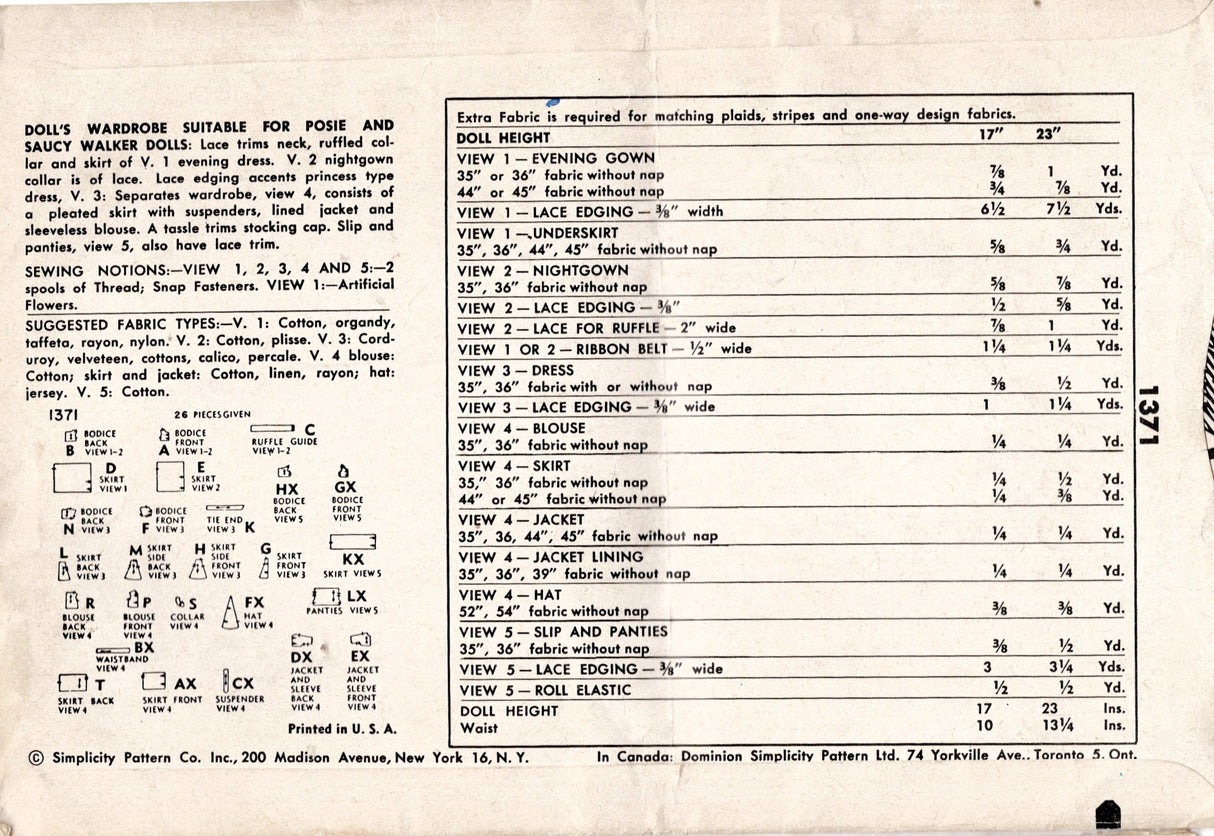 1950's Simplicity Doll Clothes Wardrobe Pattern - 23" doll - No. 1371