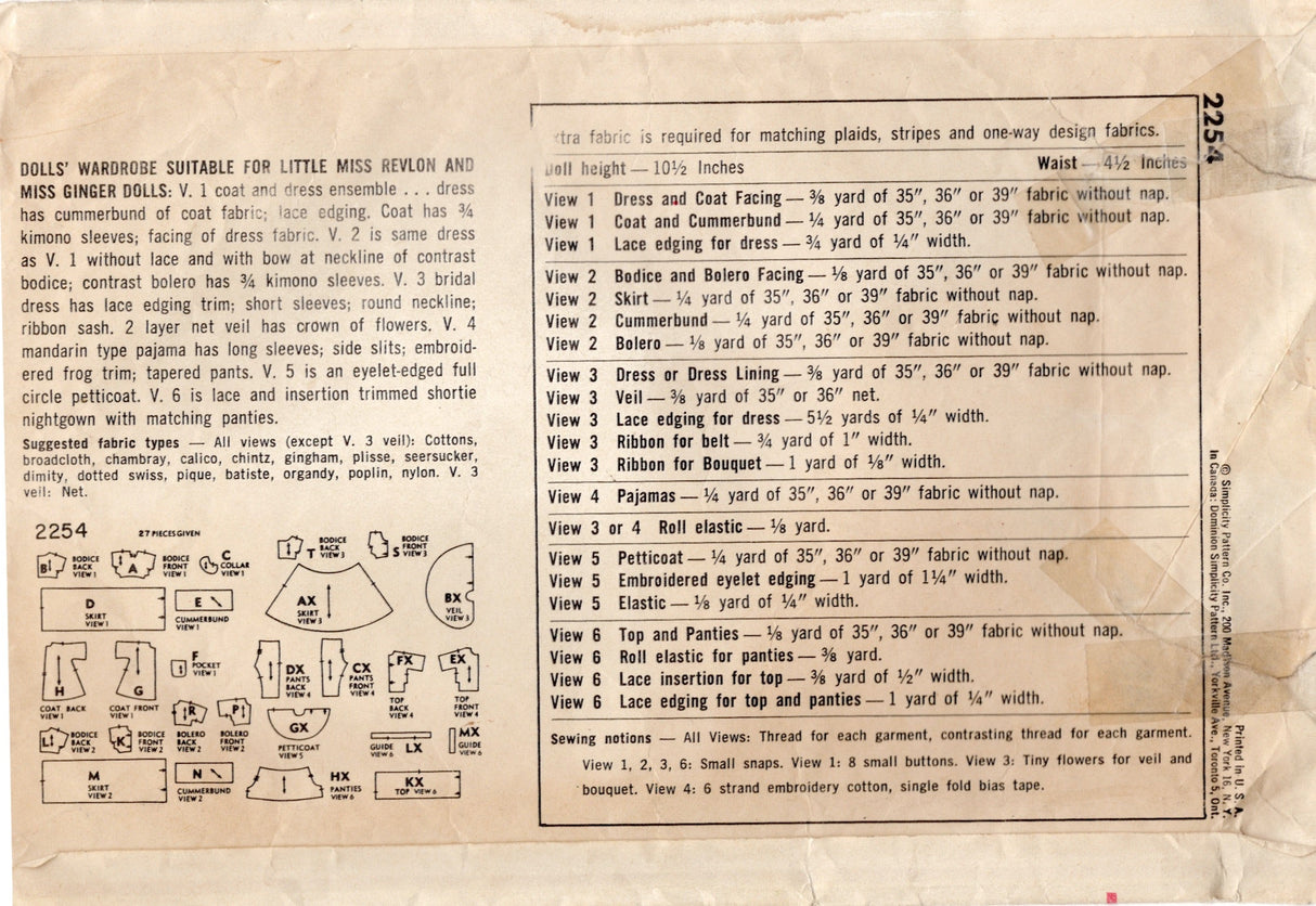 1950's Simplicity Revlon Doll Clothes Wardrobe Pattern - 10.5" doll - No. 2254