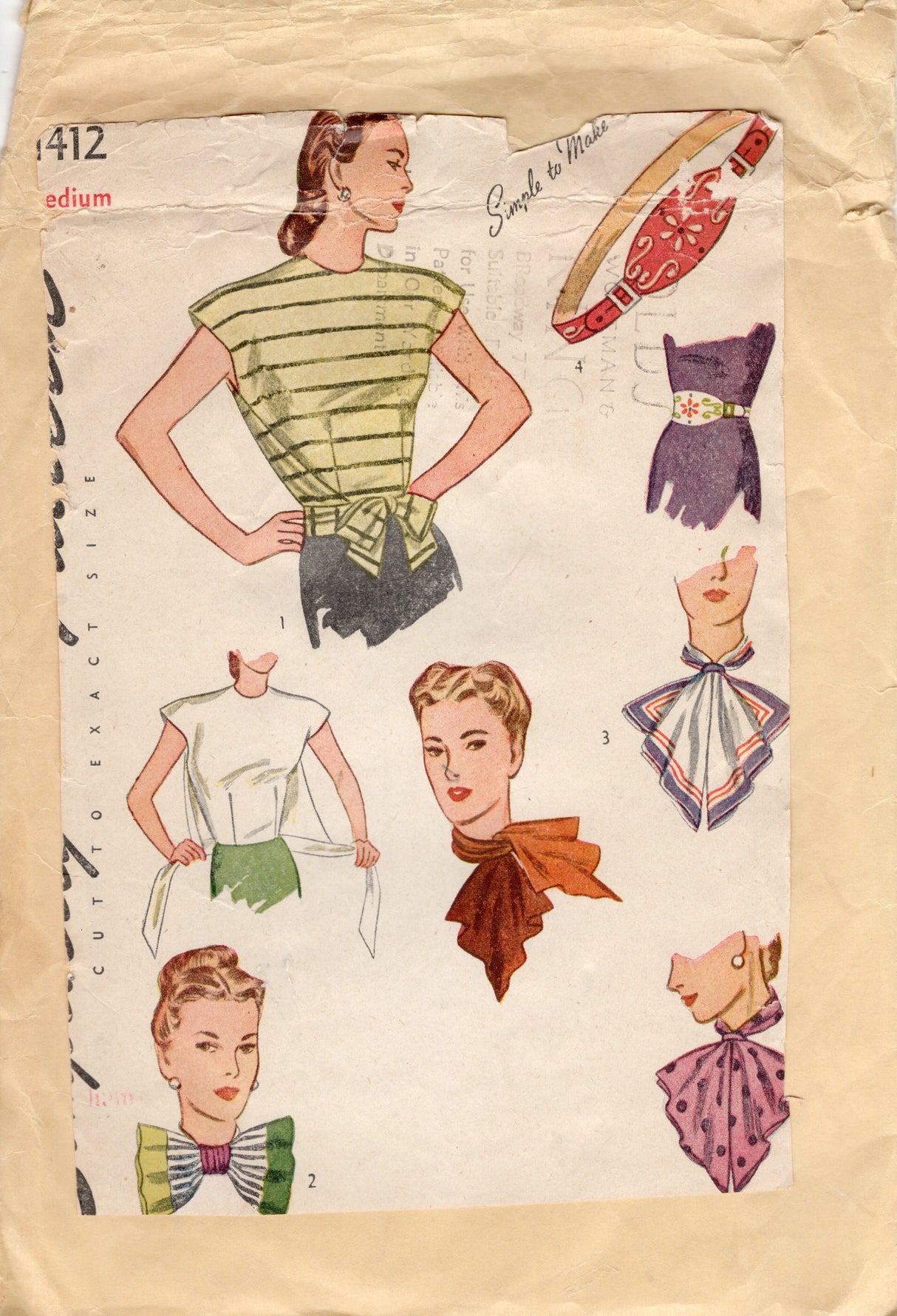 1940's Simplicity Wrap Top and Accessory Pattern - Bust 34-36" - No. 1412