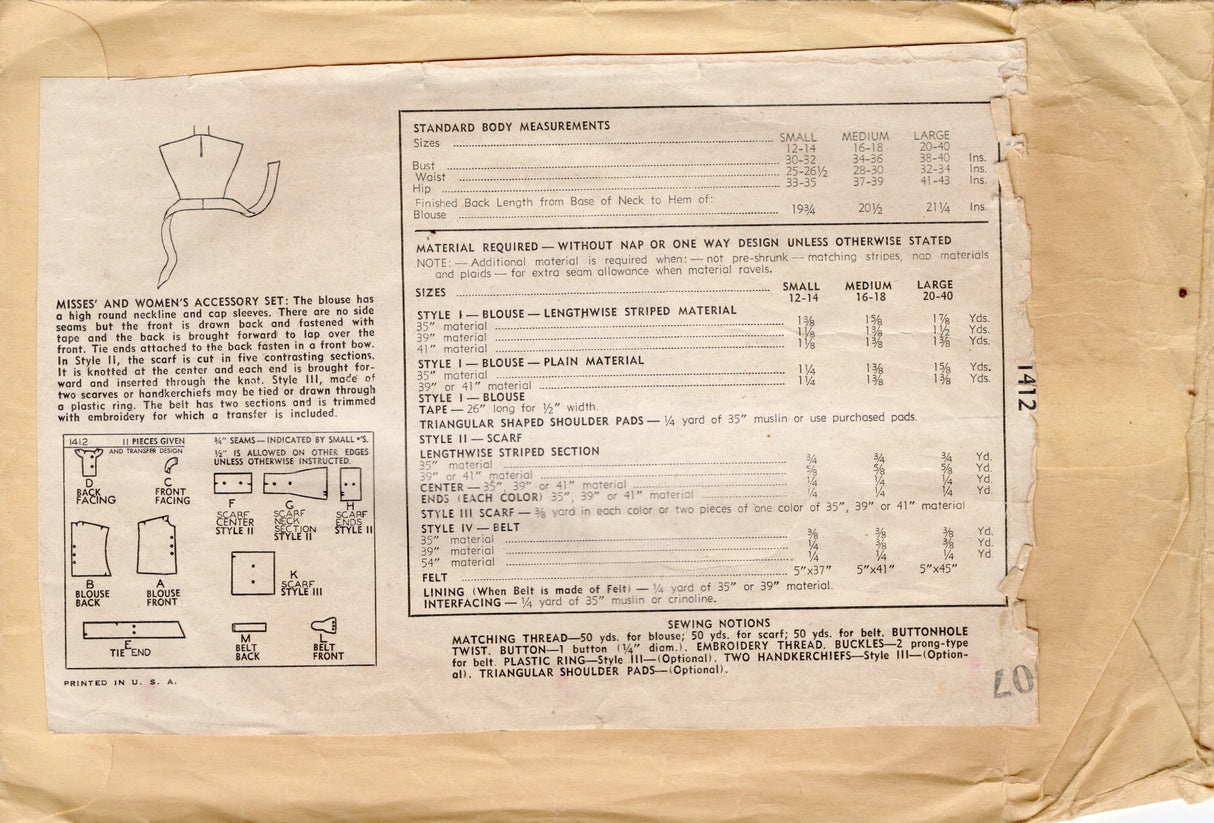 1940's Simplicity Wrap Top and Accessory Pattern - Bust 34-36" - No. 1412