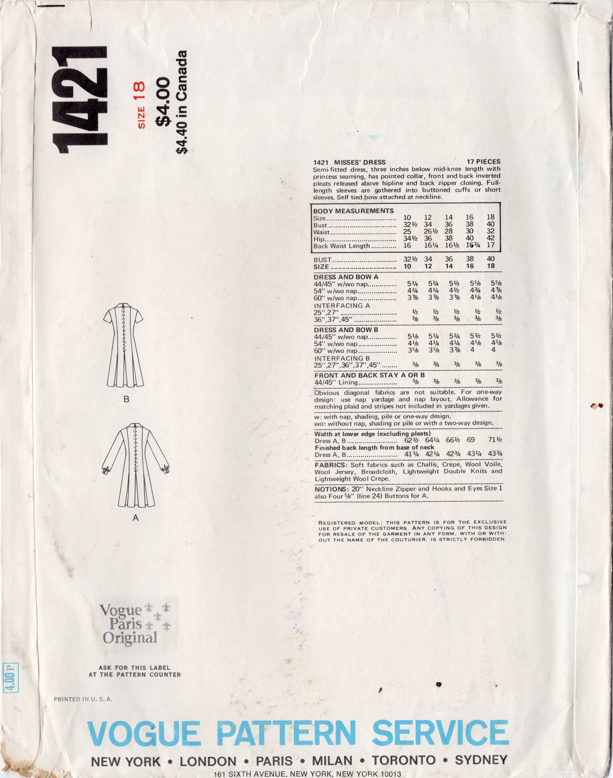 1970's Vogue Paris Original Princess Line Dress Pattern with Bussy Bow - Bust 40" - No. 1421