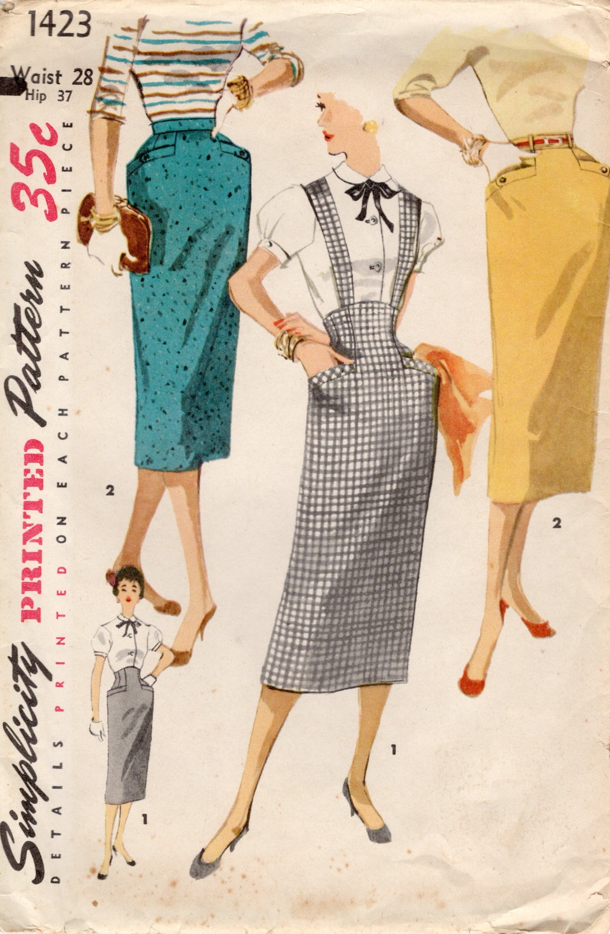 1950's Simplicity Suspendered Raised Waist Pencil Skirt Pattern - Waist 28"  - no. 1423