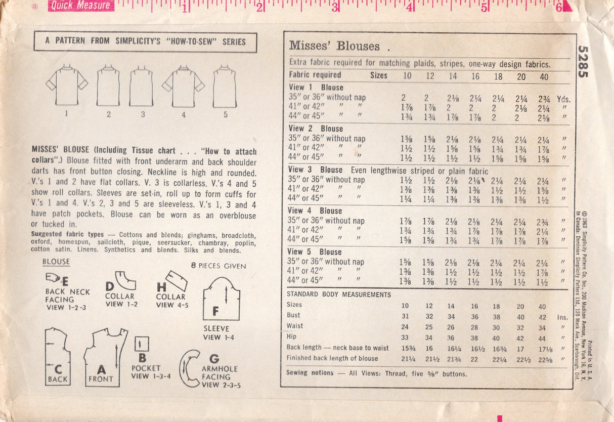 1960’s Simplicity Button Up Blouse Pattern - Bust 36" - No. 5285