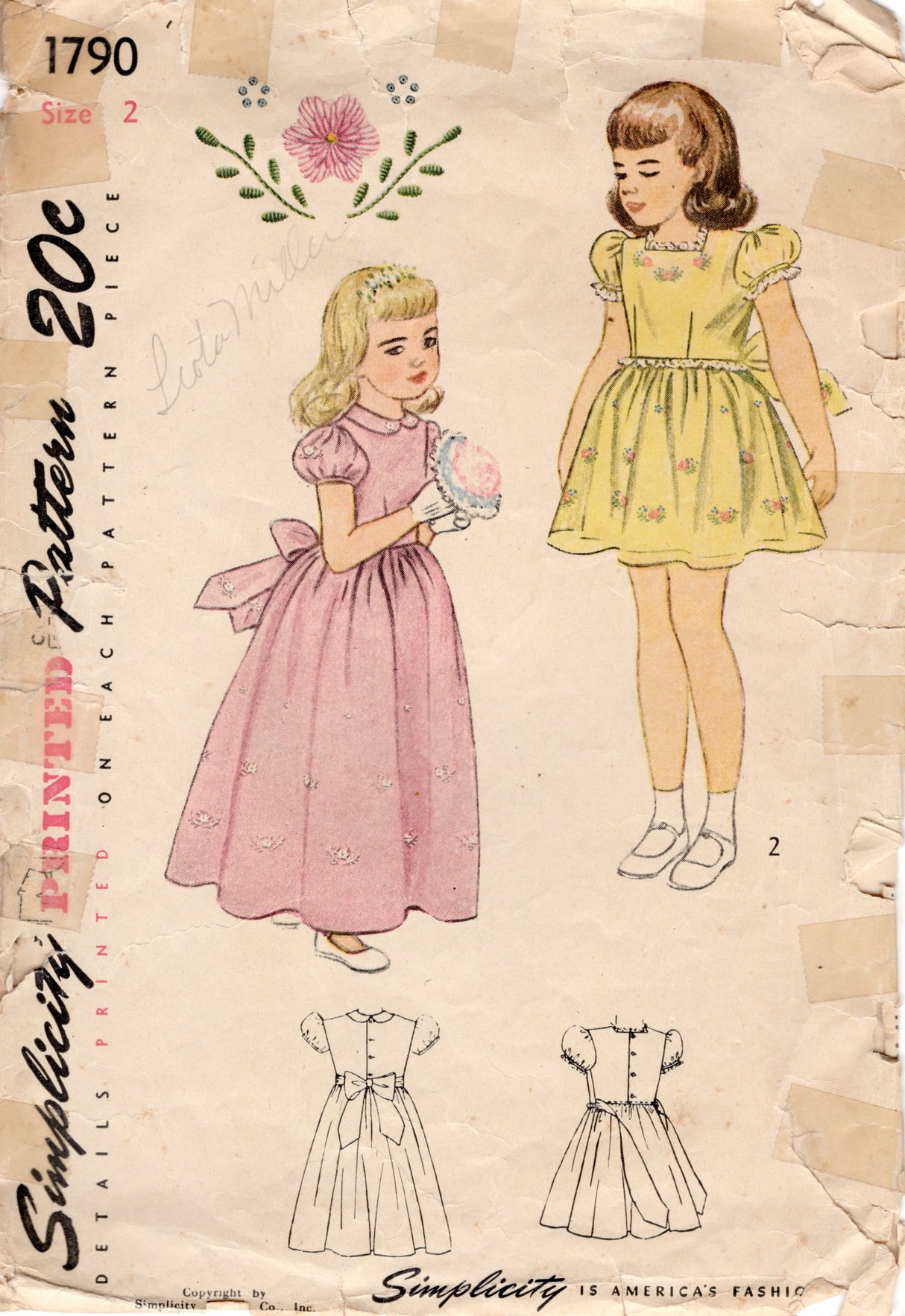 1940's Simplicity Child's Dress with Puff Sleeve and Embroidery pattern - Chest 21" - No. 1790