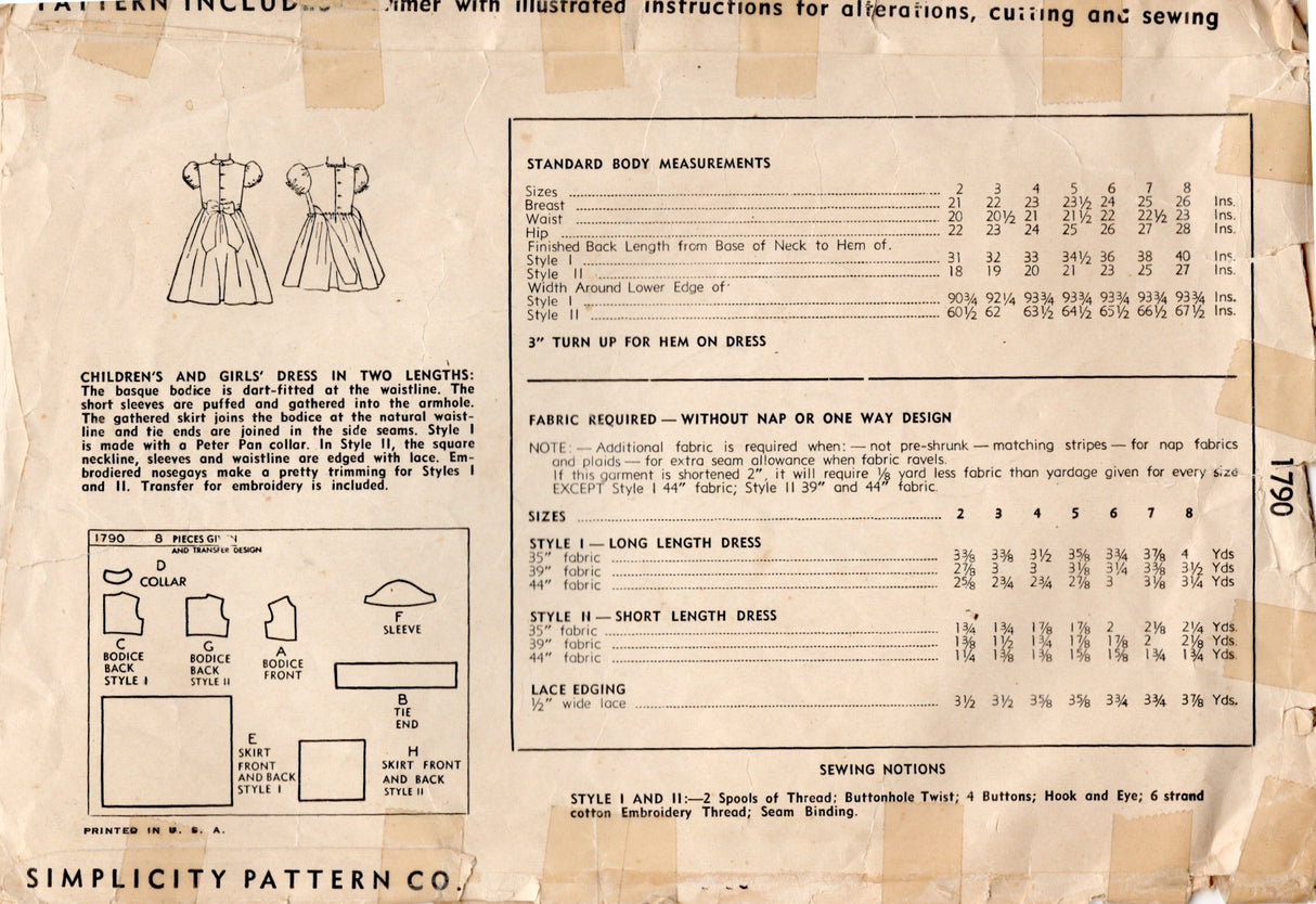 1940's Simplicity Child's Dress with Puff Sleeve and Embroidery pattern - Chest 21" - No. 1790