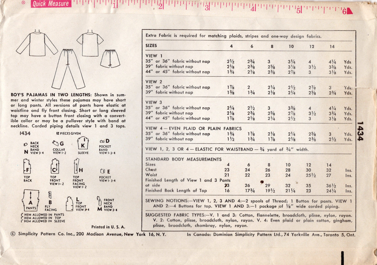 1950's Simplicity Child's Two Piece Pajama Pattern - Chest 23" - No. 1434