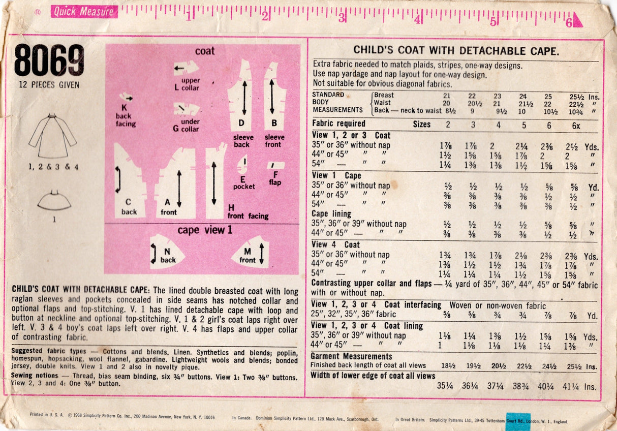 1960's Simplicity Child's Double Breasted Coat and Capelet Pattern- Chest 22” - No. 8069