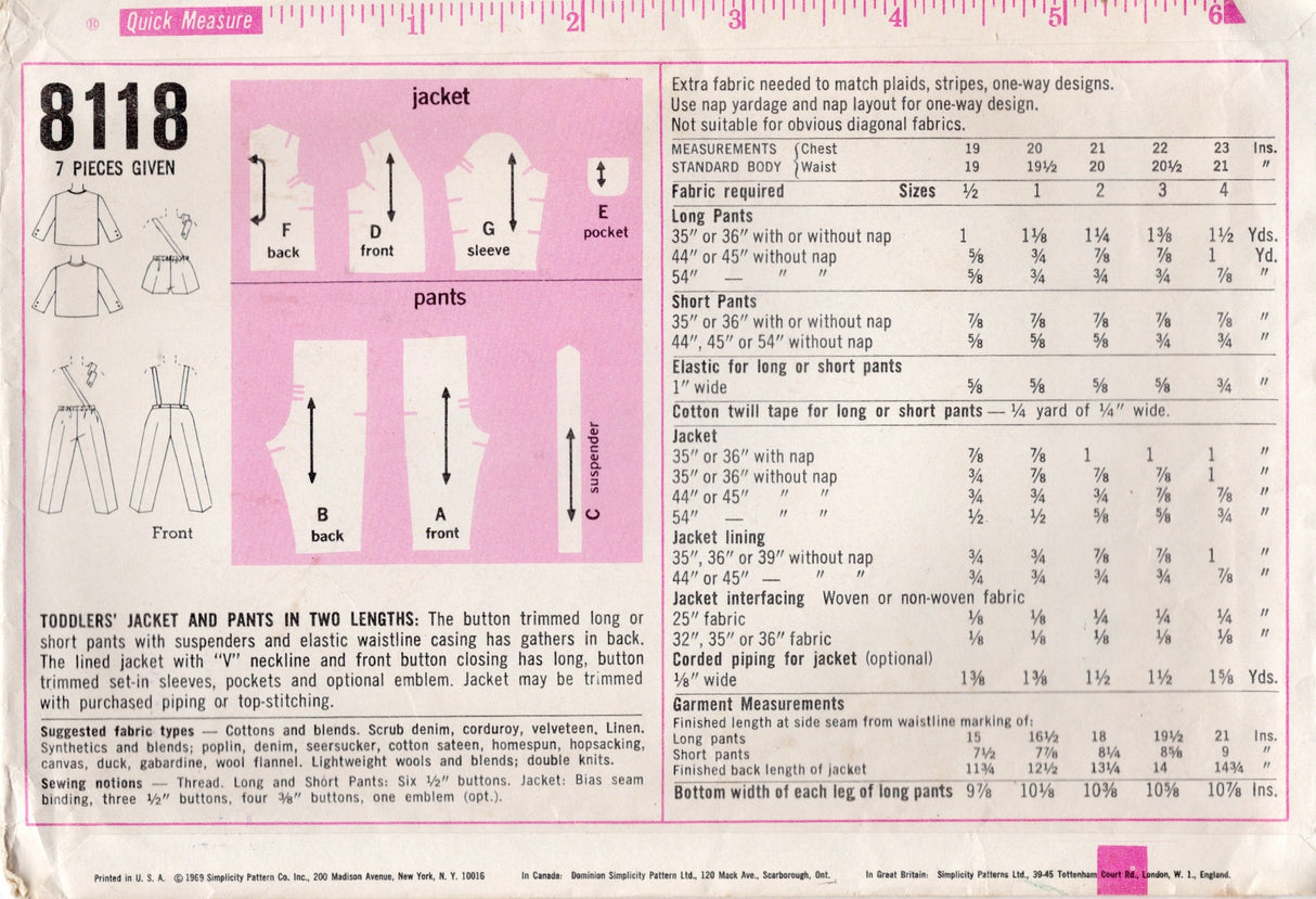 1960's Simplicity Toddler Jacket and Pants or Shorts Pattern - Chest 19-22" - No. 8118
