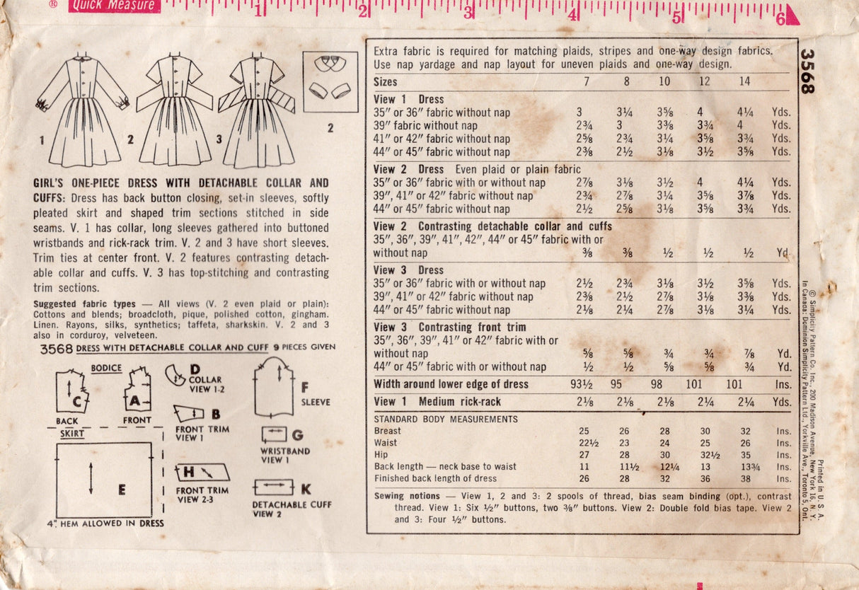 1960's Simplicity Child's Dress Pattern with Bow Detail, Detachable Collar and Cuffs - Chest 28" - No. 3568