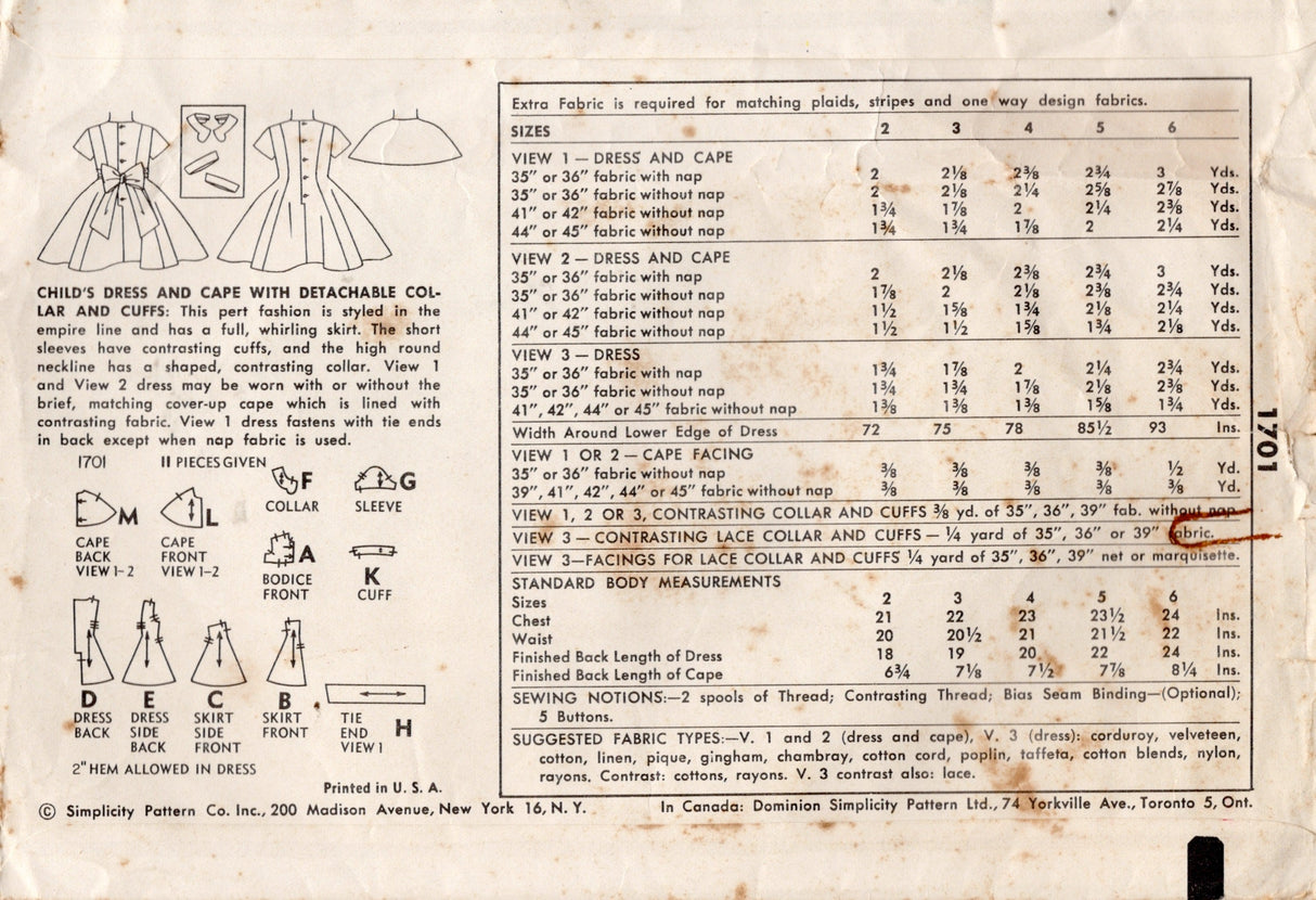 1950's Simplicity Child's Empire Waist Dress and Cape pattern - Chest 23" - No. 1701