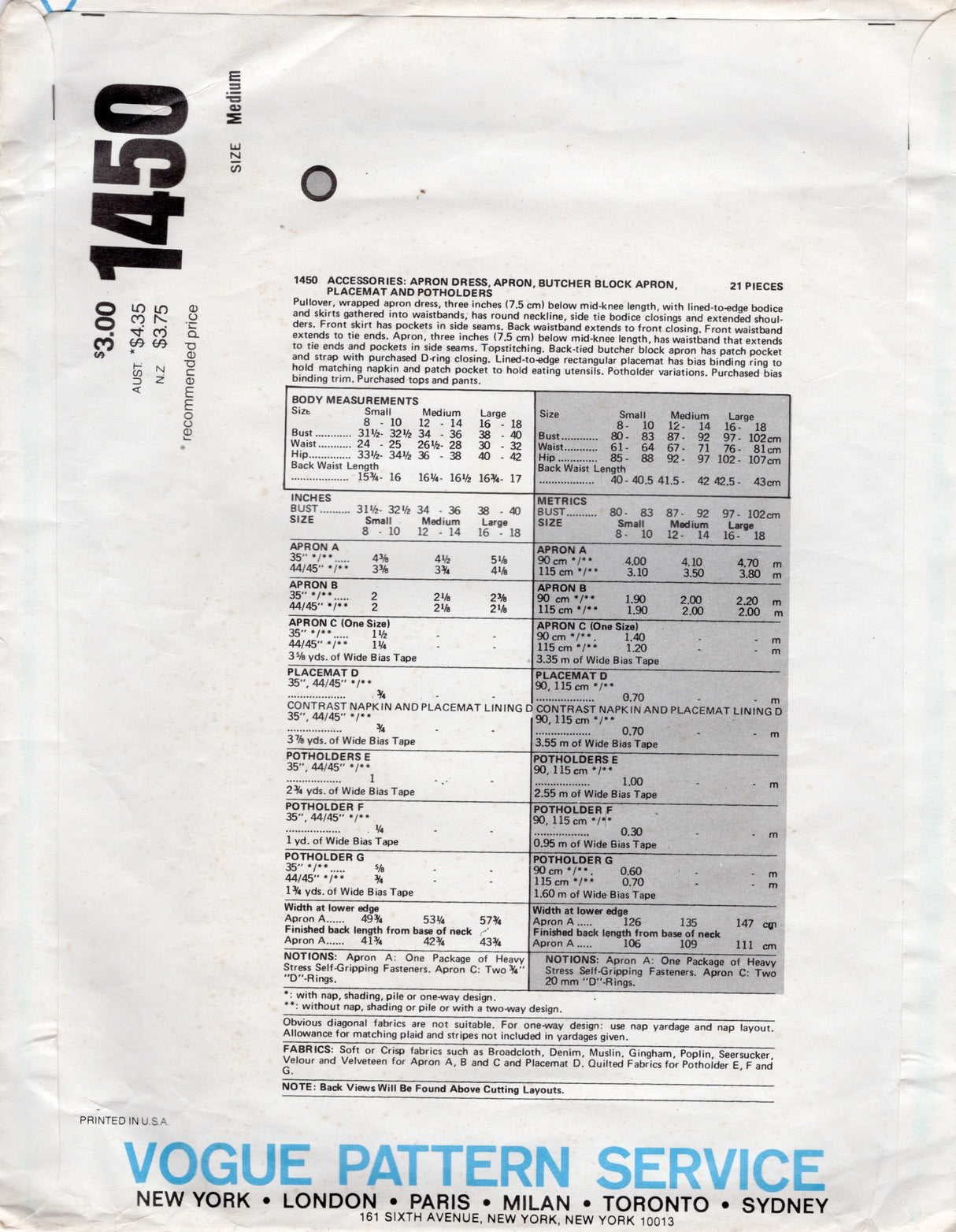 1970's Vogue Craft Pattern: Apron, Oven Mitt, Placemat, etc. - Chest 34-36" - No. 1450