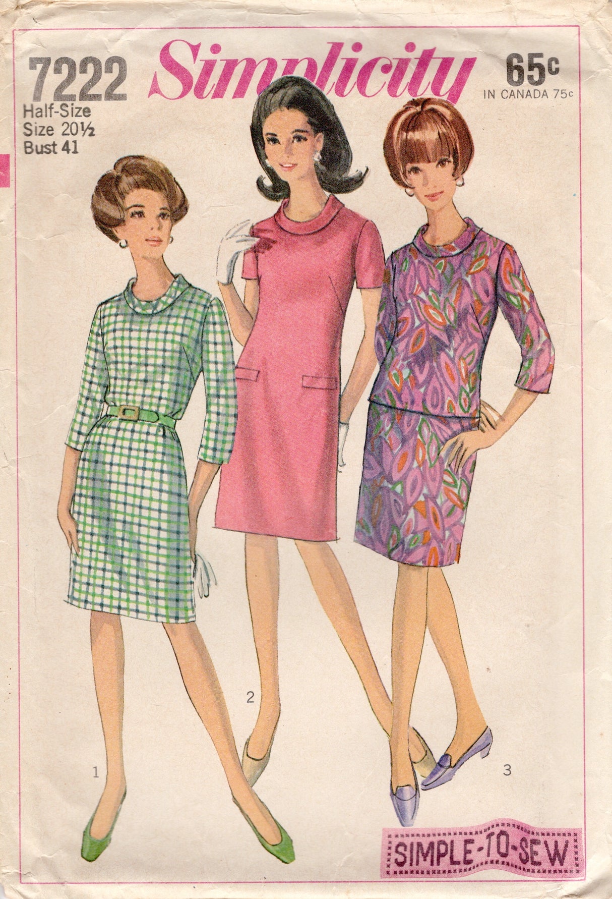 1960's Simplicity Sheath Dress or Tunic and Skirt Pattern - Bust 41" - No. 7222